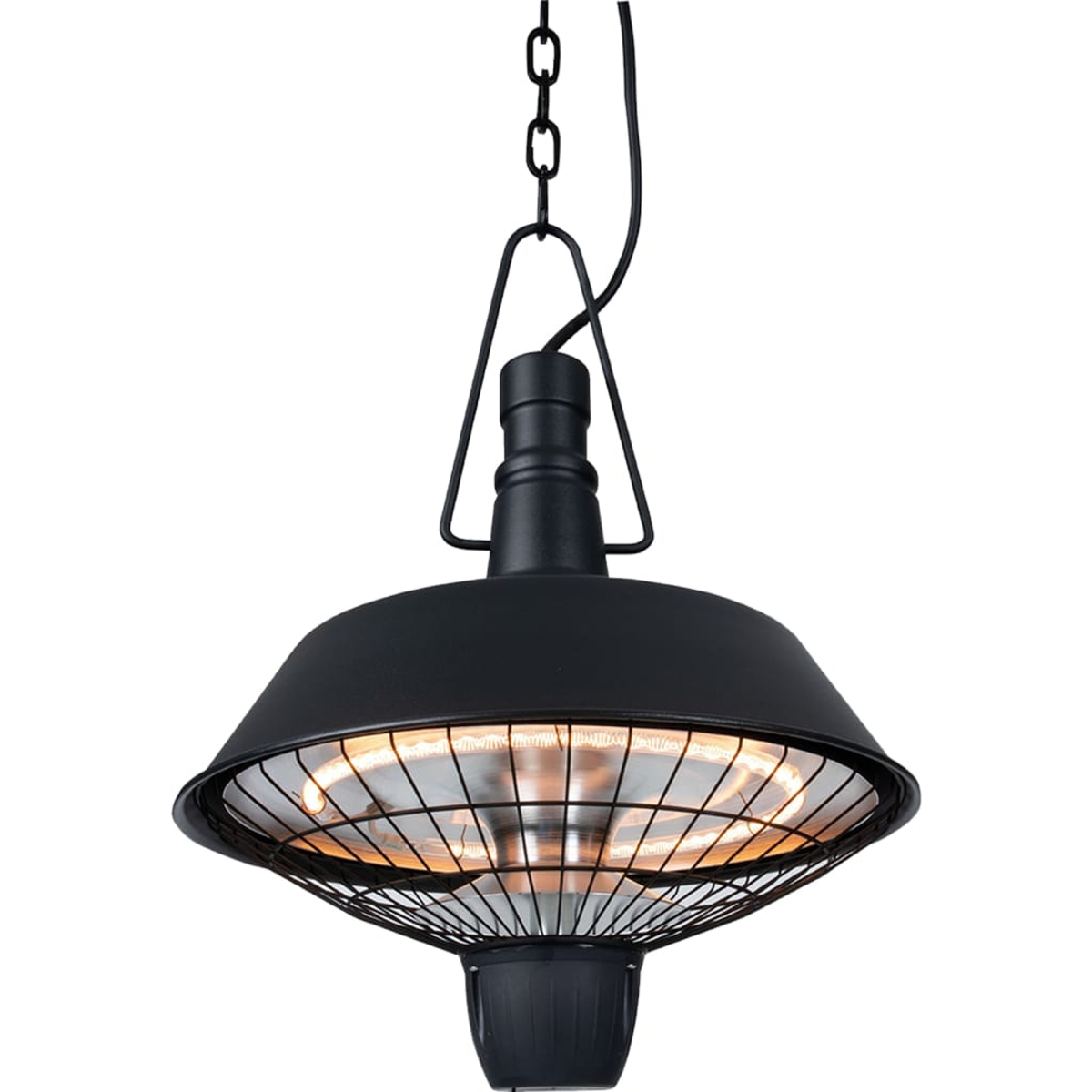 Zwarte hangende terrasverwarmer met een kooi en een zwarte bovenkant. Het hangt aan een ketting op een witte achtergrond.