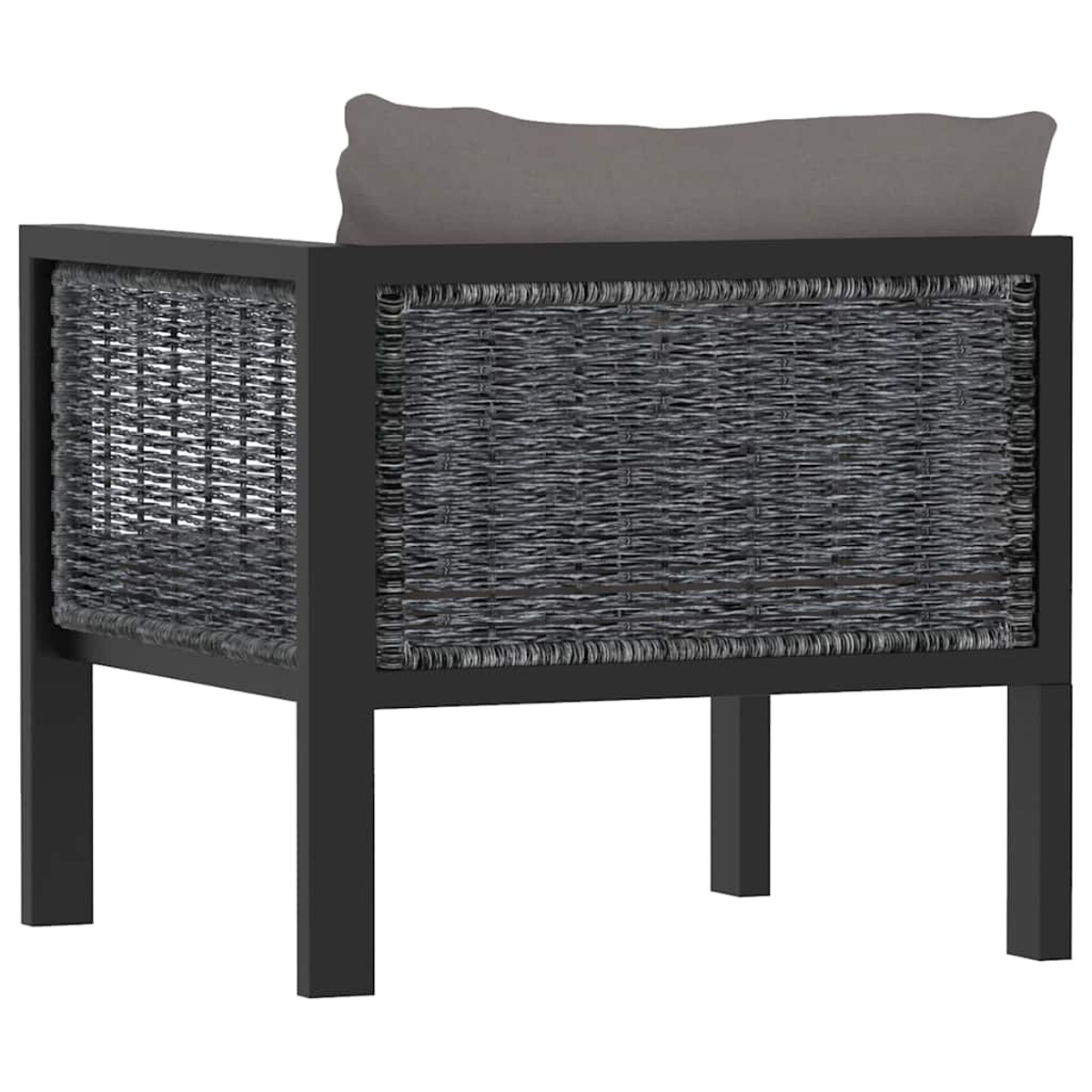 Moderner schwarzer Outdoor-Stuhl mit grau gewebter Sitzfläche und grauem Kissen. Der Stuhl hat ein schwarzes Gestell.