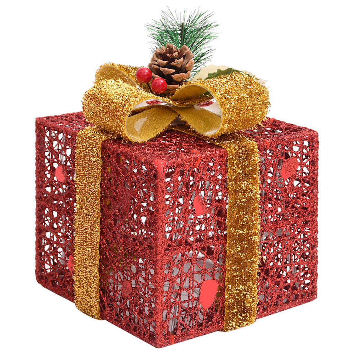Eine rote Geschenkbox mit glitzernder goldener Schleife und Band auf weißem Grund.