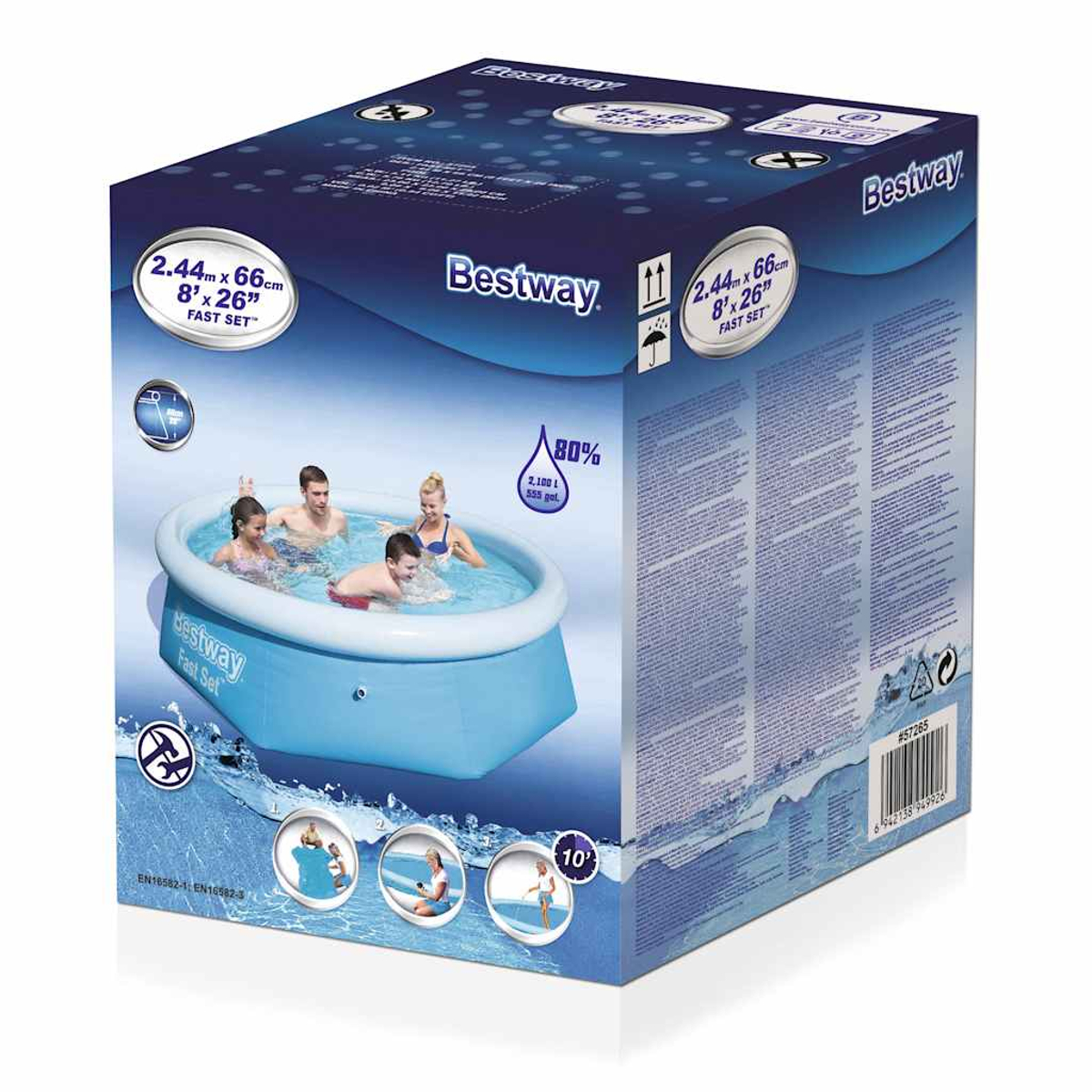 Verpackter Pool mit Menschen darin. Marke Bestway. Menschen schwimmen in einem blauen Pool.