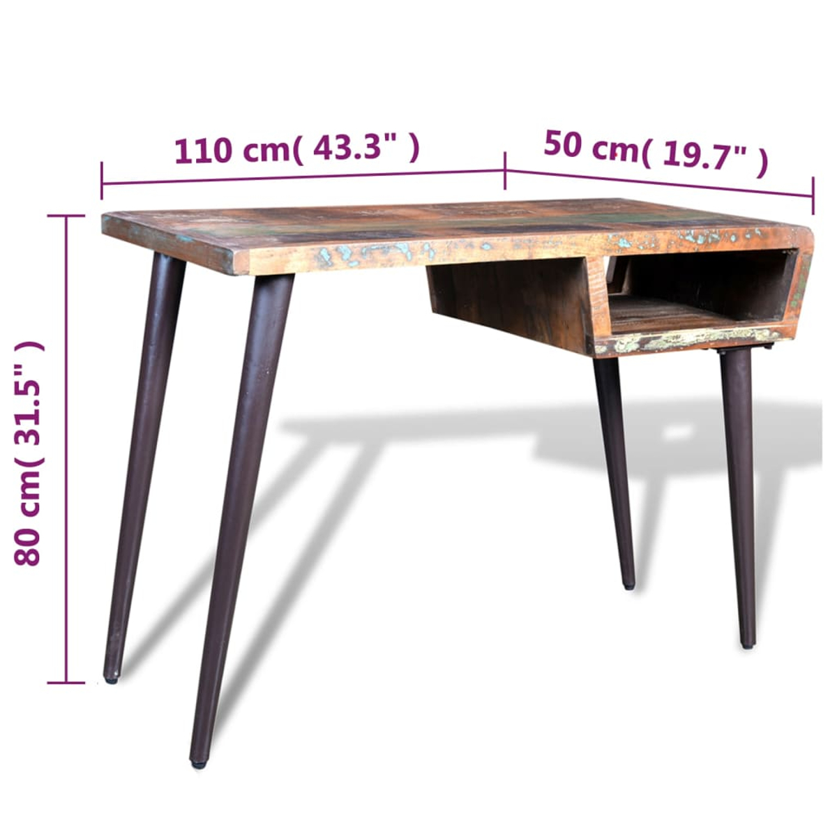 Ein Holzschreibtisch mit Metallbeinen. Abmessungen: 110x50x80 cm. Der Schreibtisch hat eine Schubladenöffnung.
