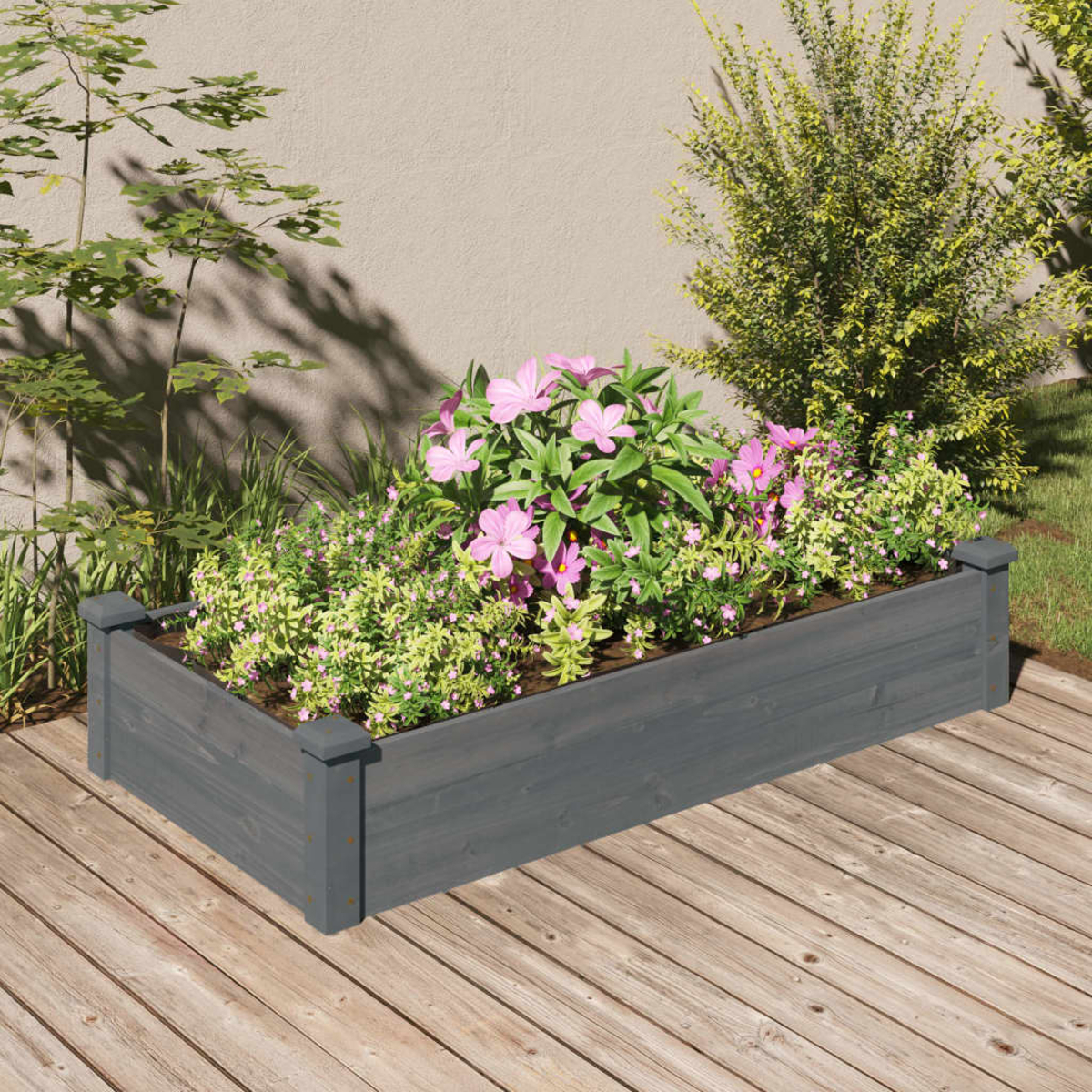 Pflanzkasten aus Holz mit Blumen.