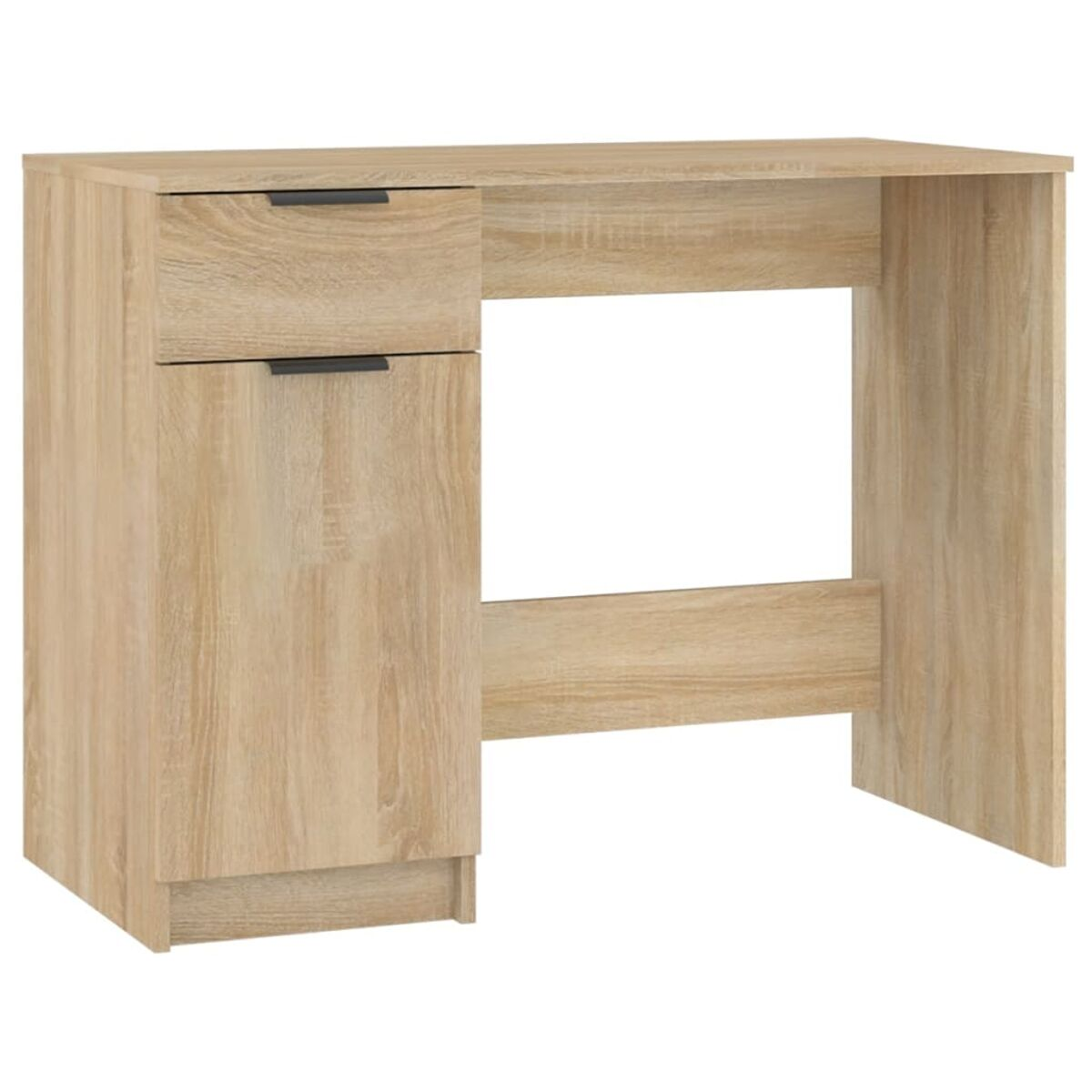 Holzschreibtisch mit Schublade und Schrank.