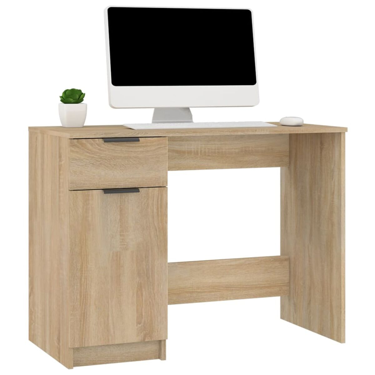 Holzschreibtisch mit Computer, Schublade und Schrank. Eine kleine Pflanze steht auf dem Schreibtisch.