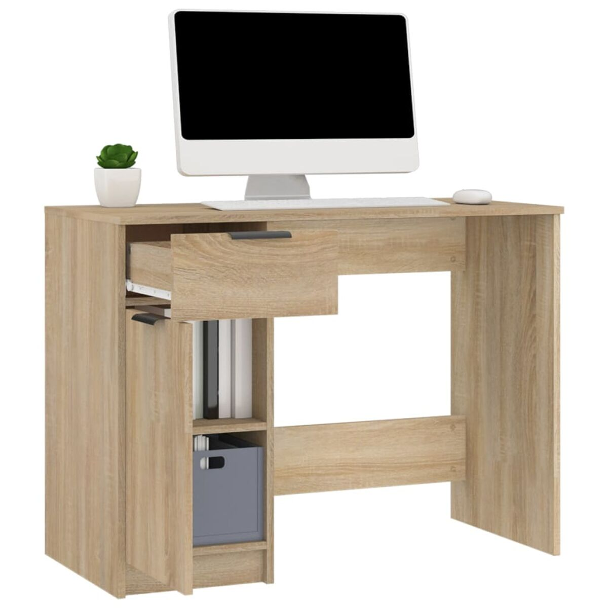 Holzschreibtisch mit Computer, Schublade und kleinem Blumentopf. Bücher und graue Box sind sichtbar.