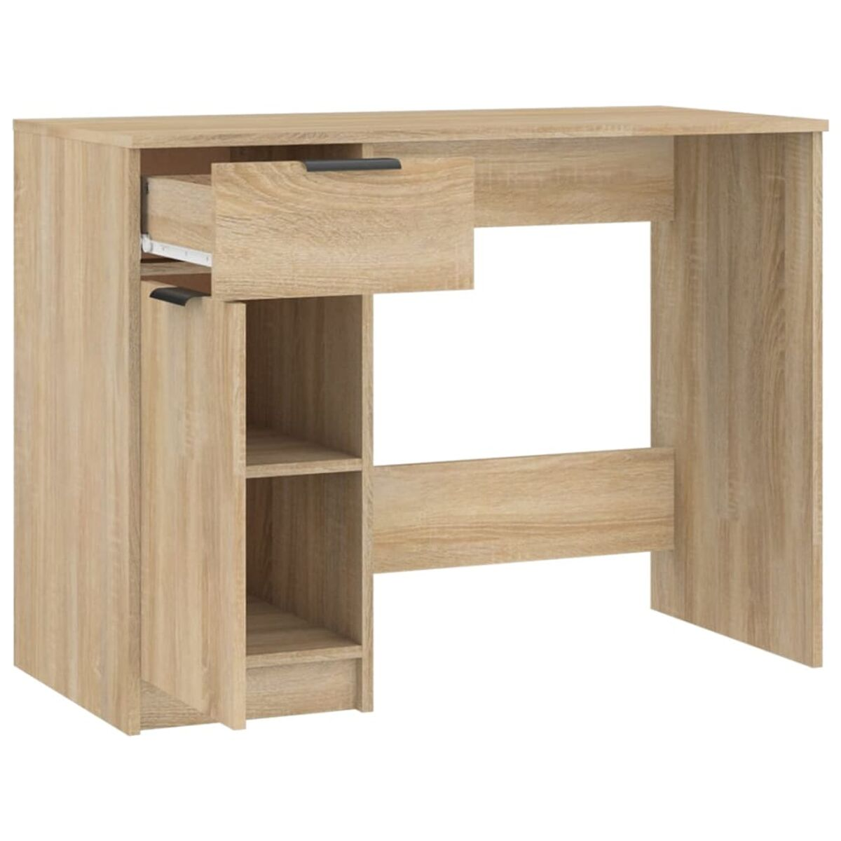 Ein hellbrauner Schreibtisch mit Schublade, Tür und offenem Beinbereich. Die Schublade ist halb offen.