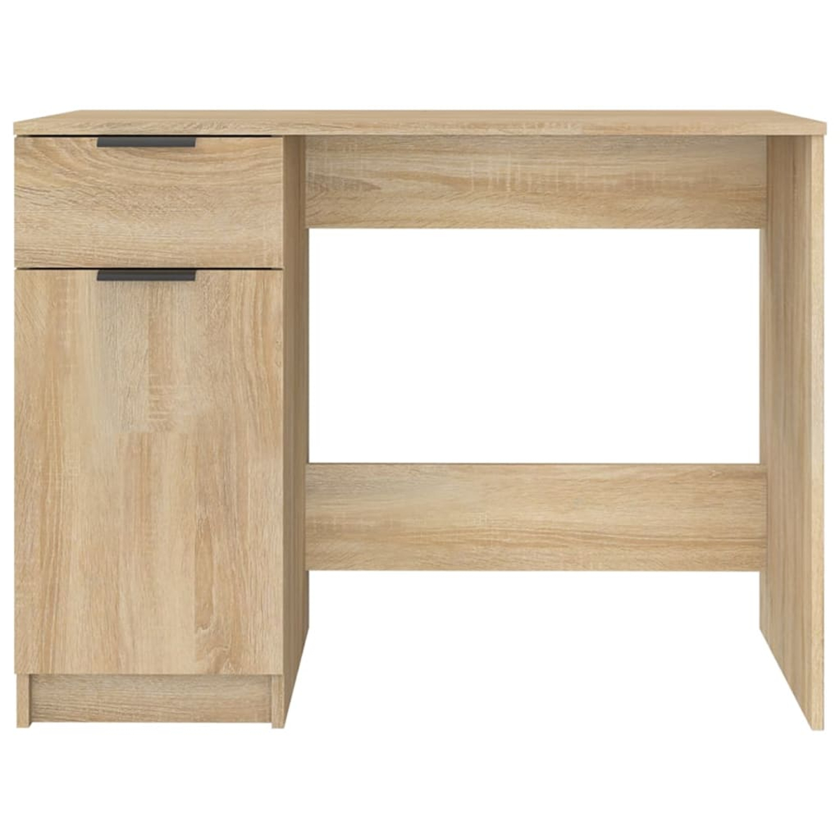 Hellbrauner Holzschreibtisch mit Schubladen und Schrank.