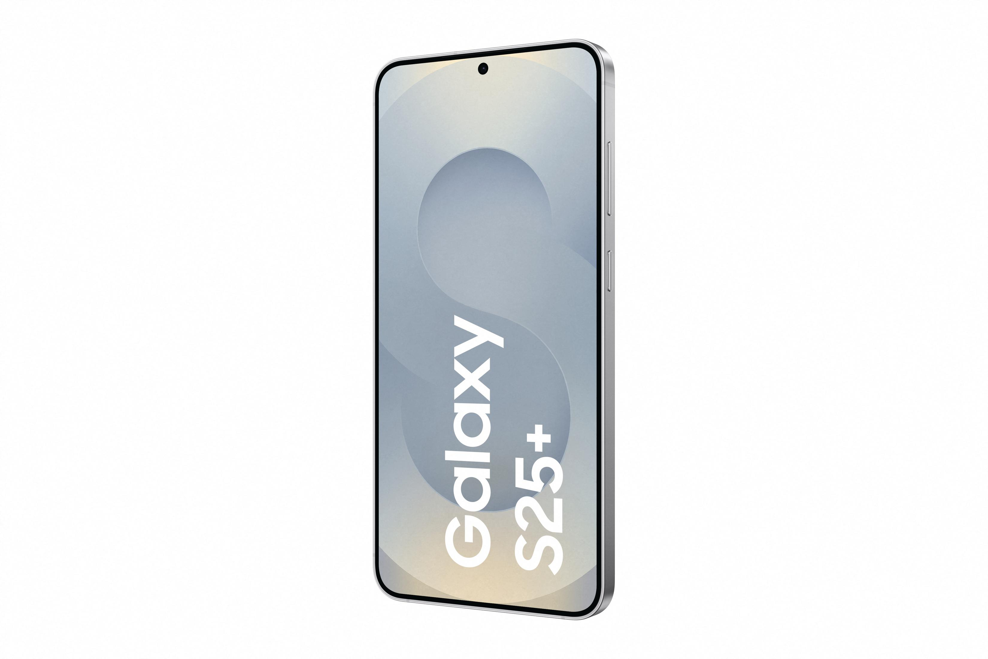 Srebrny smartfon z białym tekstem 'Galaxy S25+' na ekranie, na białym tle.