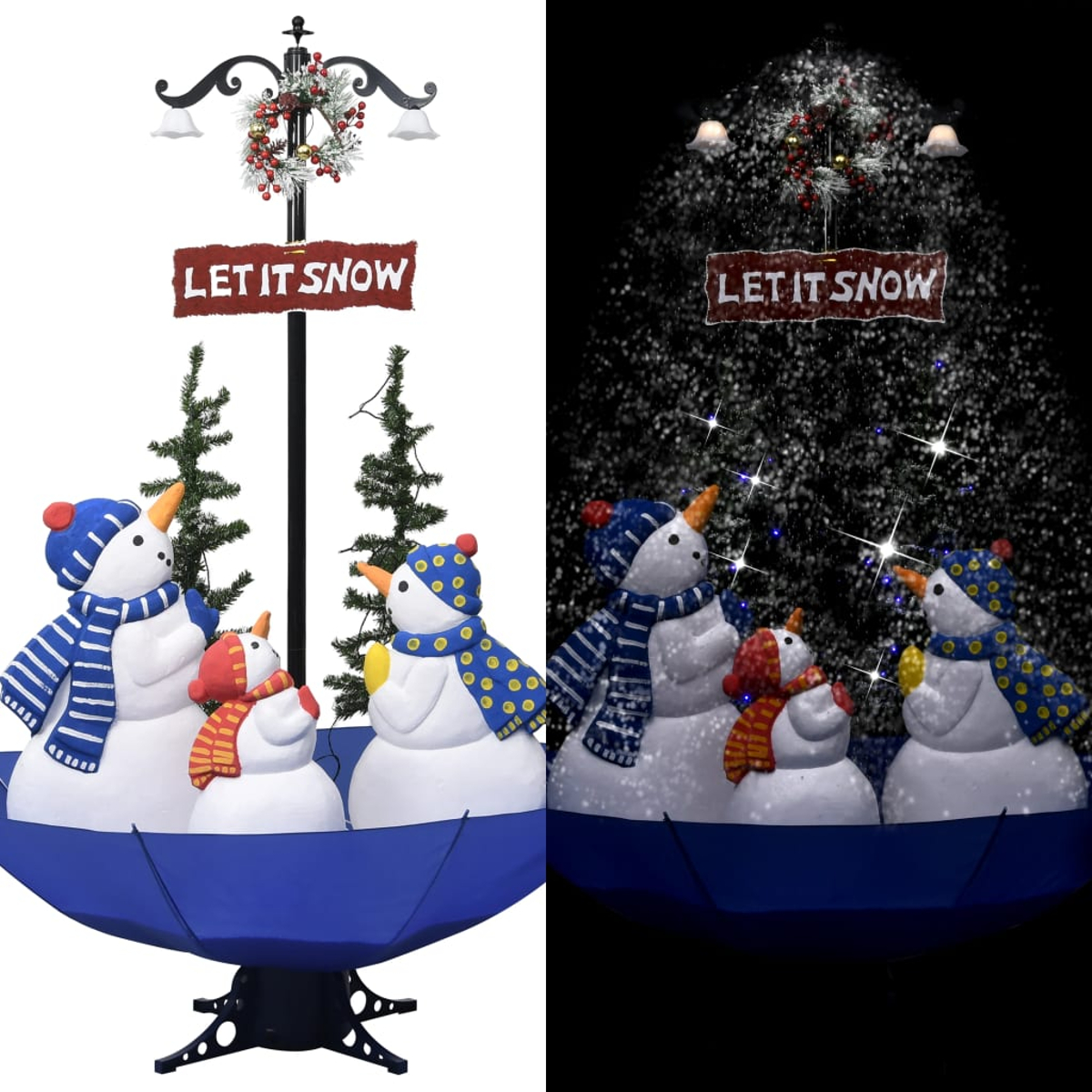 Schneemann-Dekorationen mit Schild 'Let It Snow'. Schneefalleffekt rechts. Weihnachtsdeko.