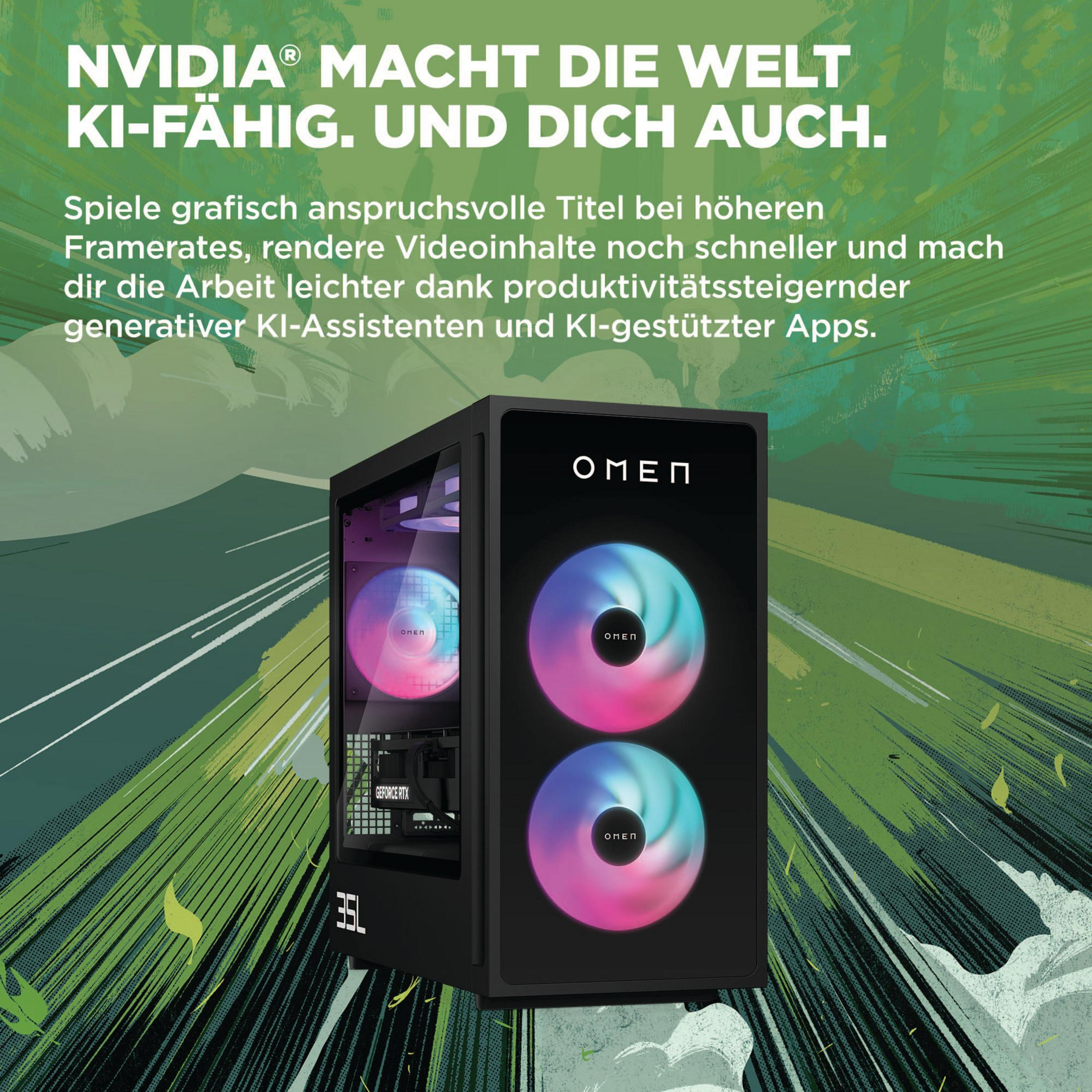 Ein Gaming-PC mit bunten Lichtern und Text über Nvidia- und AMD-Komponenten.