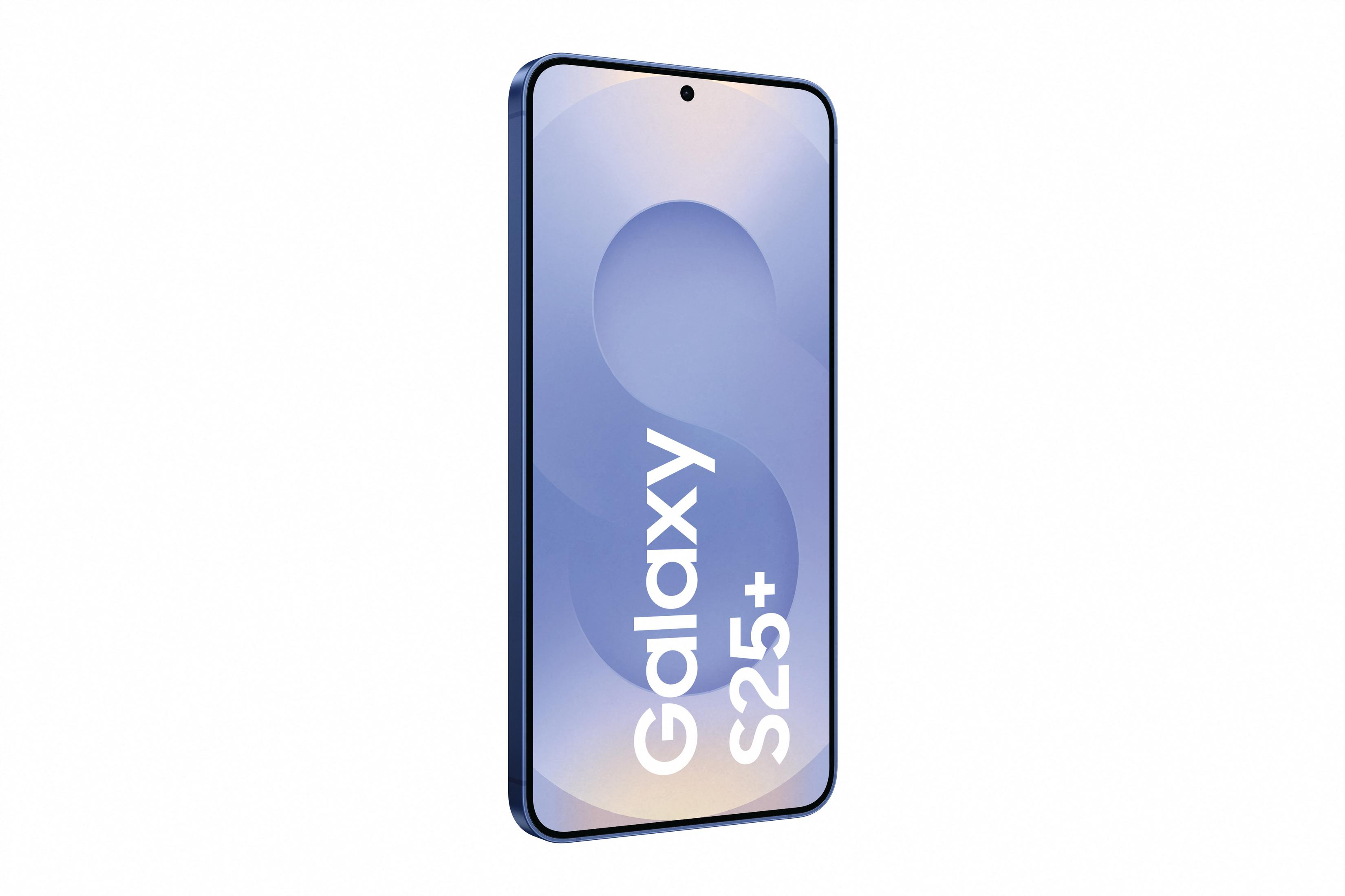 Niebieski telefon z napisem 'Galaxy S25+' na ekranie, białe tło.