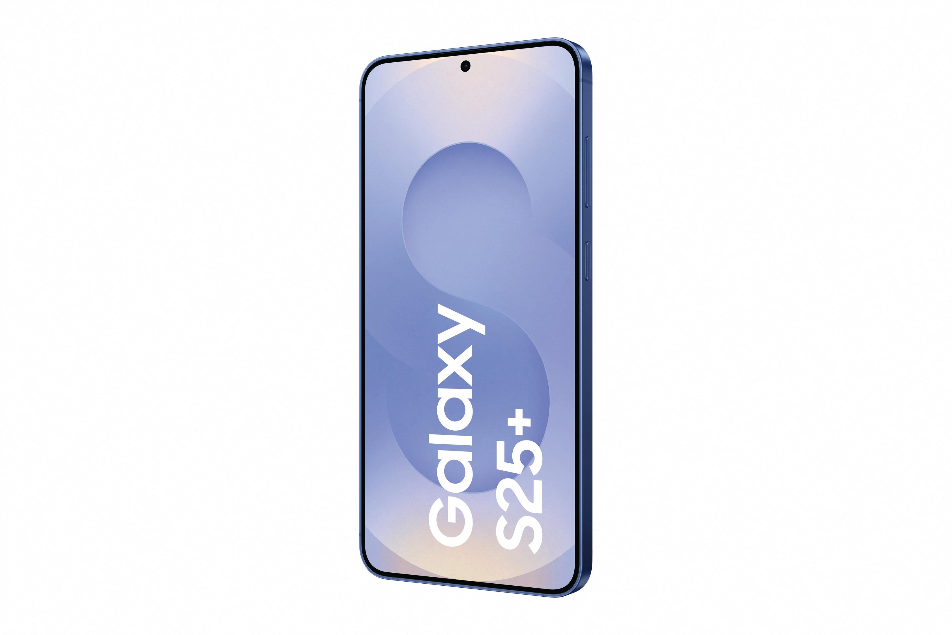 Niebieski telefon z napisem 'Galaxy S25+' na ekranie, białe tło.