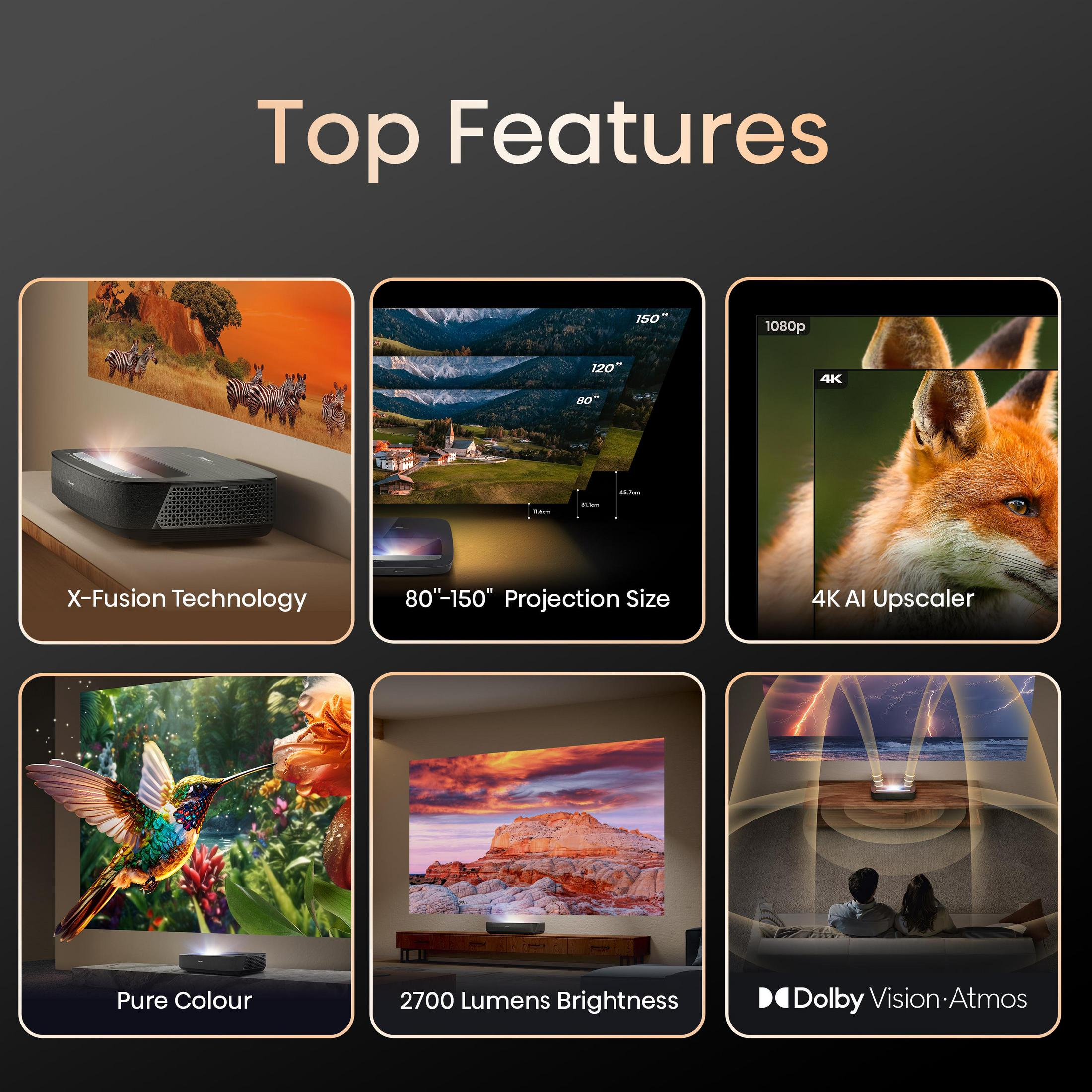 Najważniejsze cechy projektora: X-Fusion, rozmiar projekcji, upscaler 4K, czysty kolor, jasność, Dolby Vision.