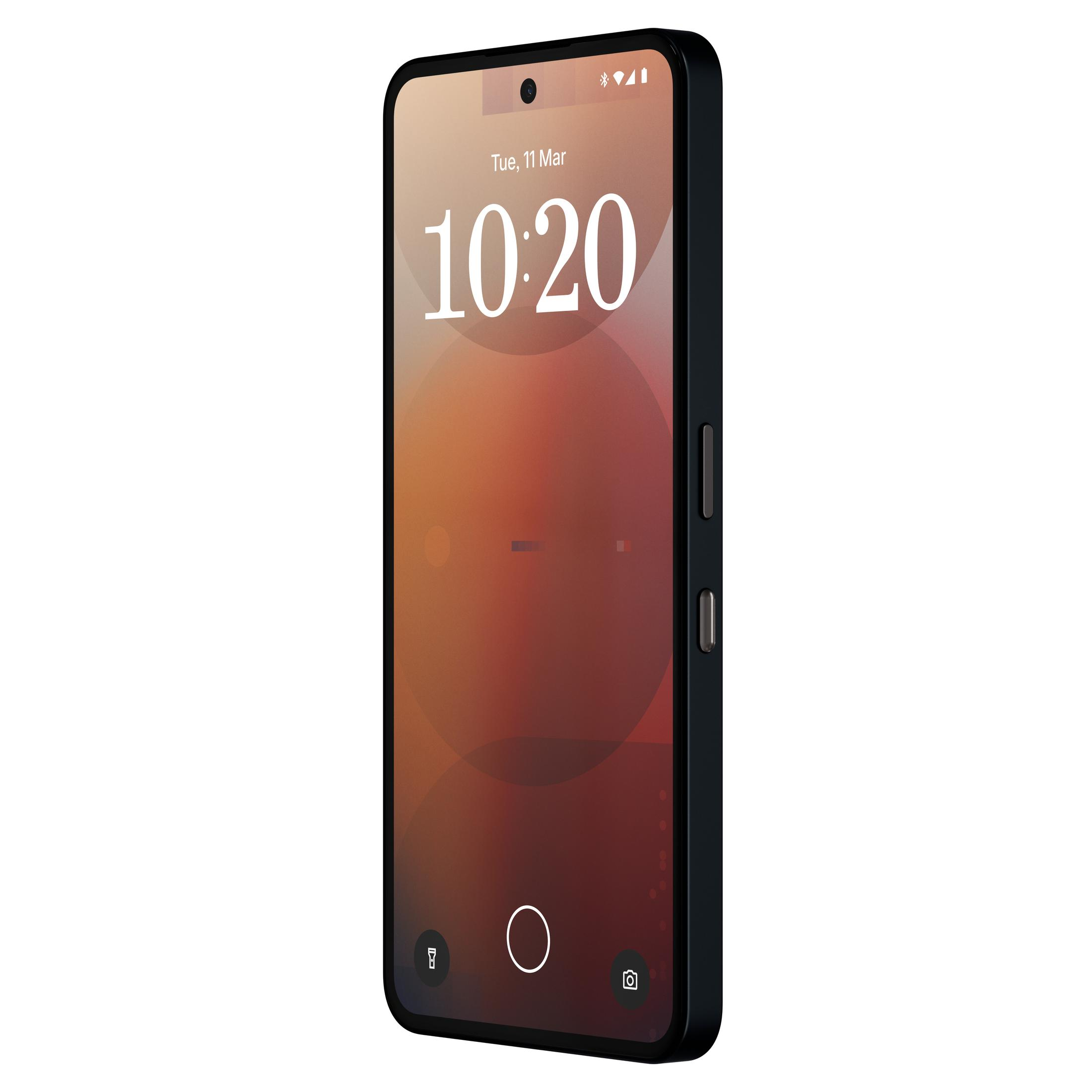 Czarny smartfon. Ekran pokazuje godzinę i kolorowe tło. Widok z boku. Białe tło.