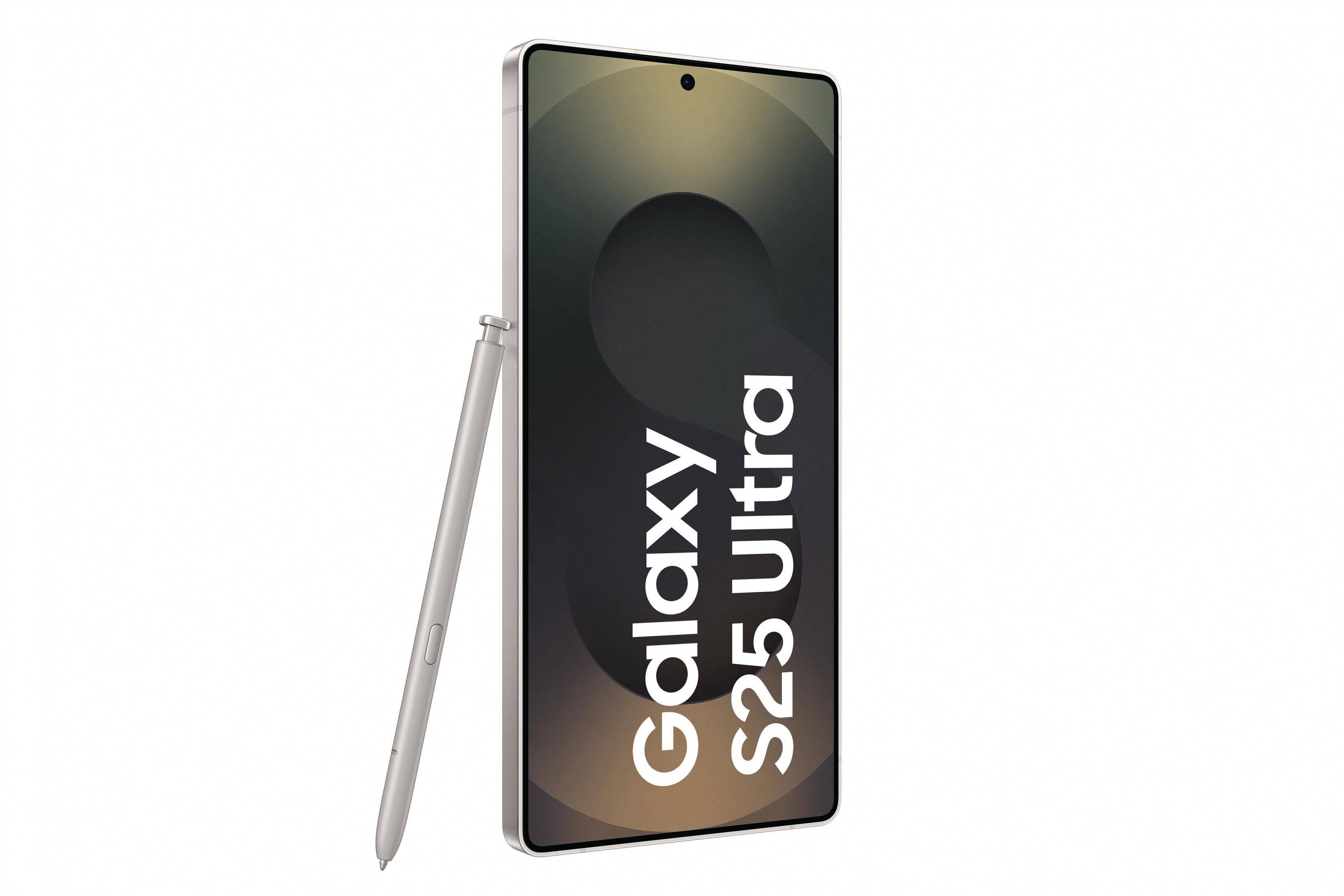 Silbernes Galaxy S25 Ultra Telefon und Stift, auf weißem Hintergrund.