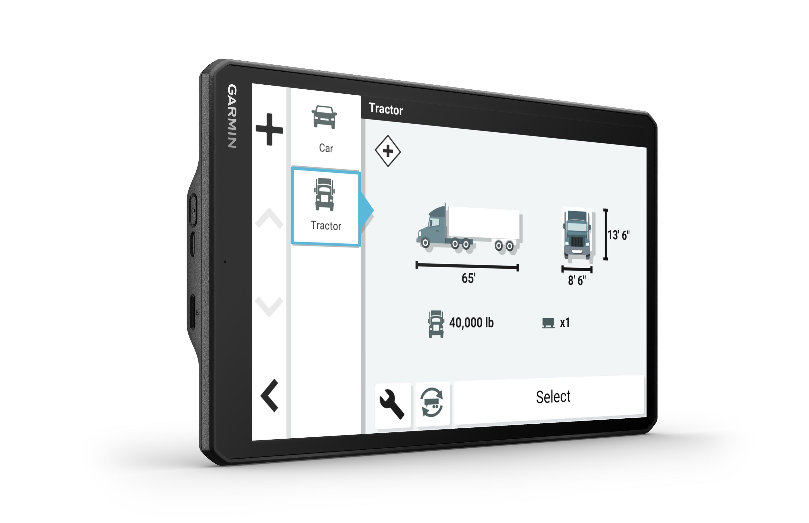 Garmin GPS-Bildschirm zeigt ein ausgewähltes LKW-Symbol. Abmessungen eines Sattelzugs werden angezeigt.