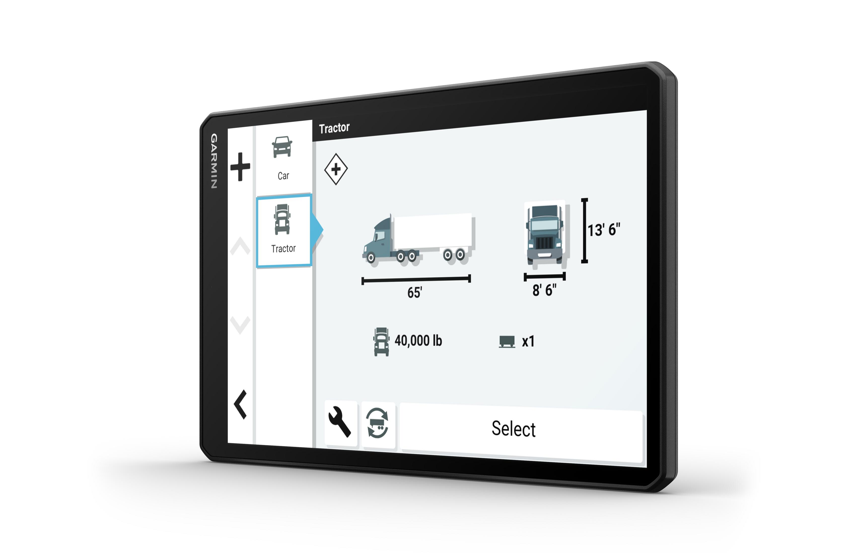 Tablet zeigt einen LKW-Navigationsbildschirm mit Fahrzeugabmessungen und Gewicht.