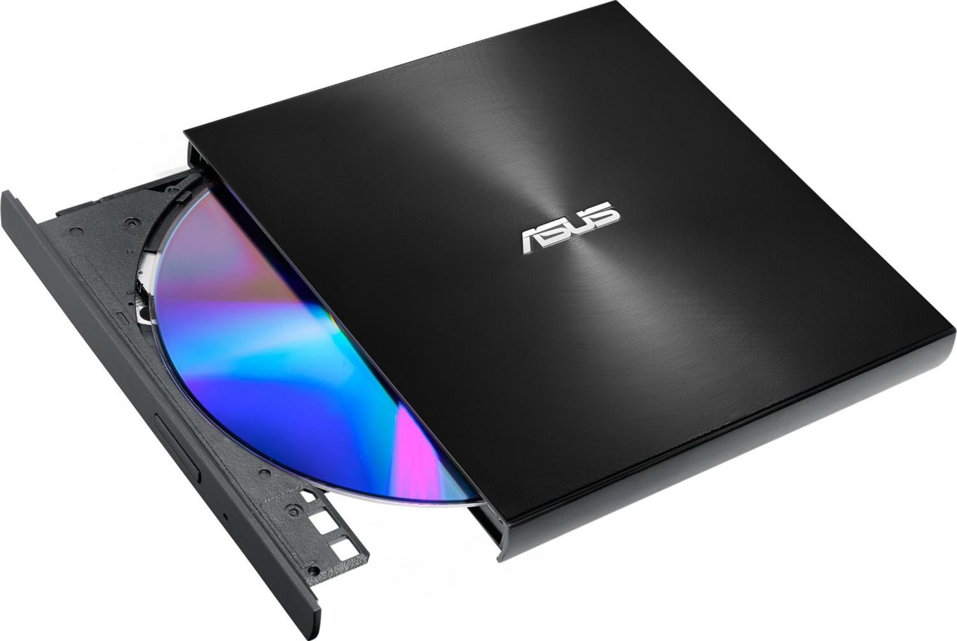 Czarna zewnętrzna nagrywarka DVD ASUS z dyskiem w środku, tło jest białe.