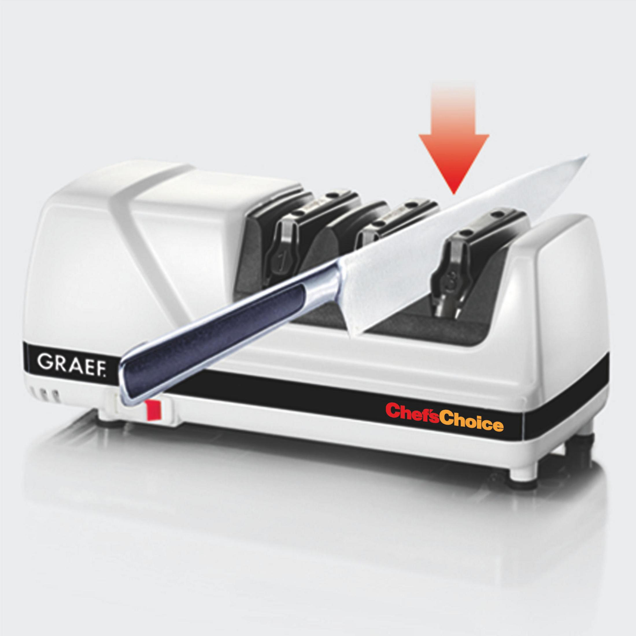 Affilacoltelli bianco e nero con coltello e freccia. Supporti neri con numeri. Logo Chef'sChoice.