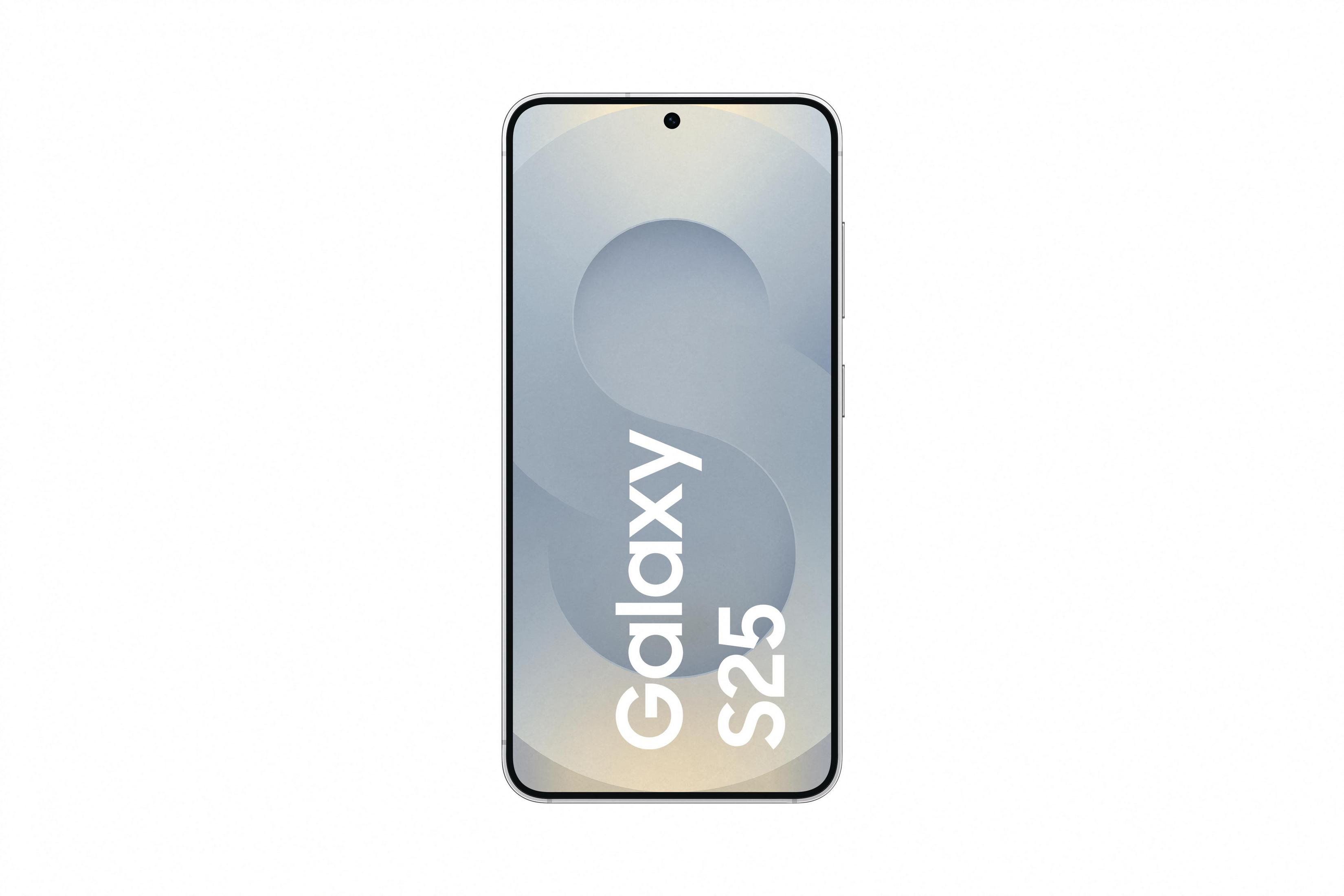 Widok z przodu srebrnego telefonu Galaxy S25 z nazwą telefonu na ekranie.