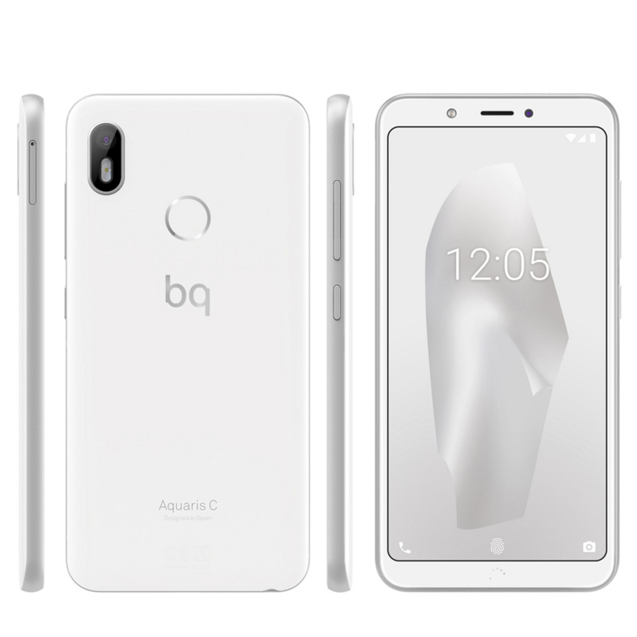 Weißes bq-Telefon zeigt Vorder-, Rück- und Seite. Der Bildschirm zeigt die Uhrzeit 12:05 an. Hat Fingerabdruckscanner und Kamera.