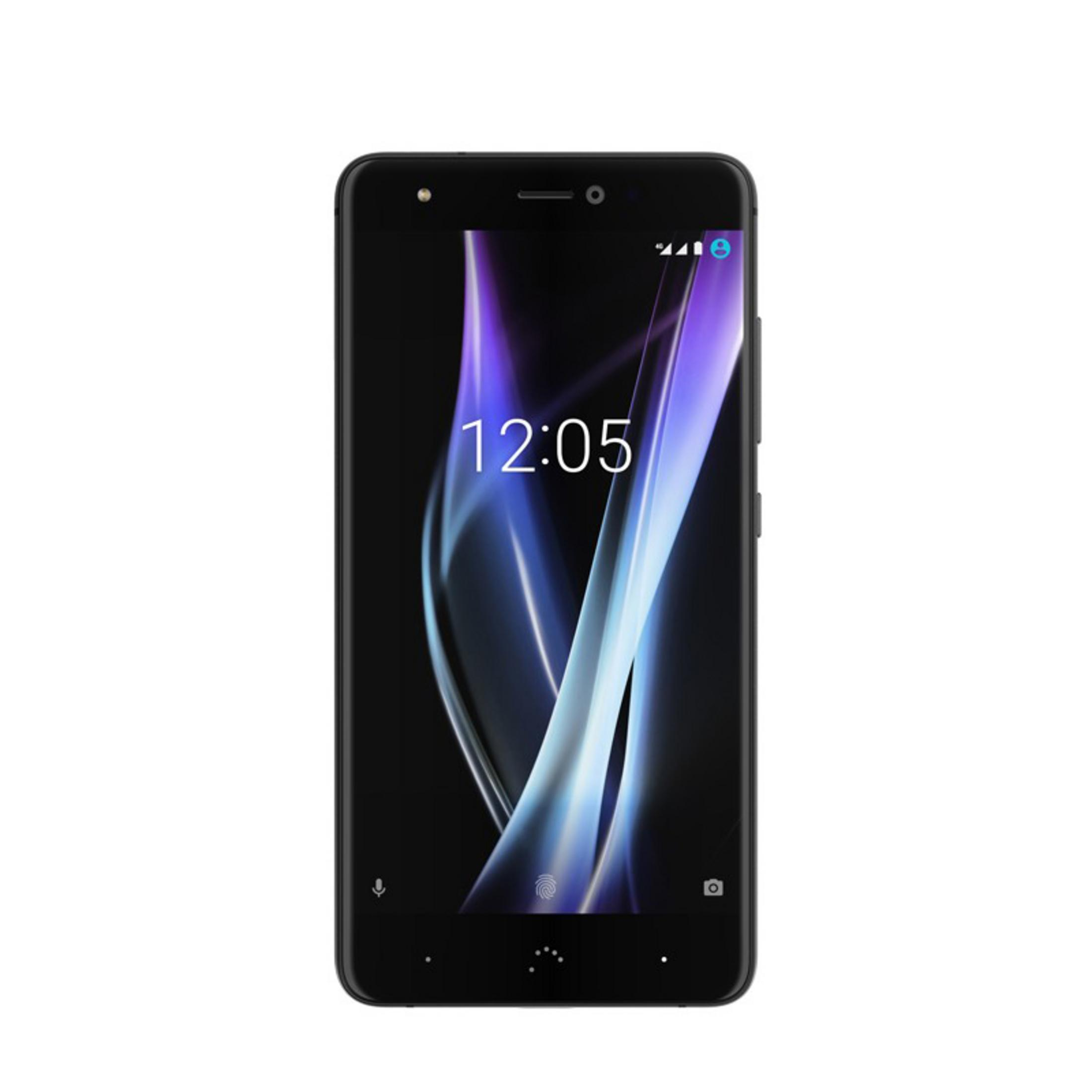 Schwarzes Smartphone. Display zeigt 12:05 Uhr. Frontkamera, Fingerabdrucksensor und Logo.