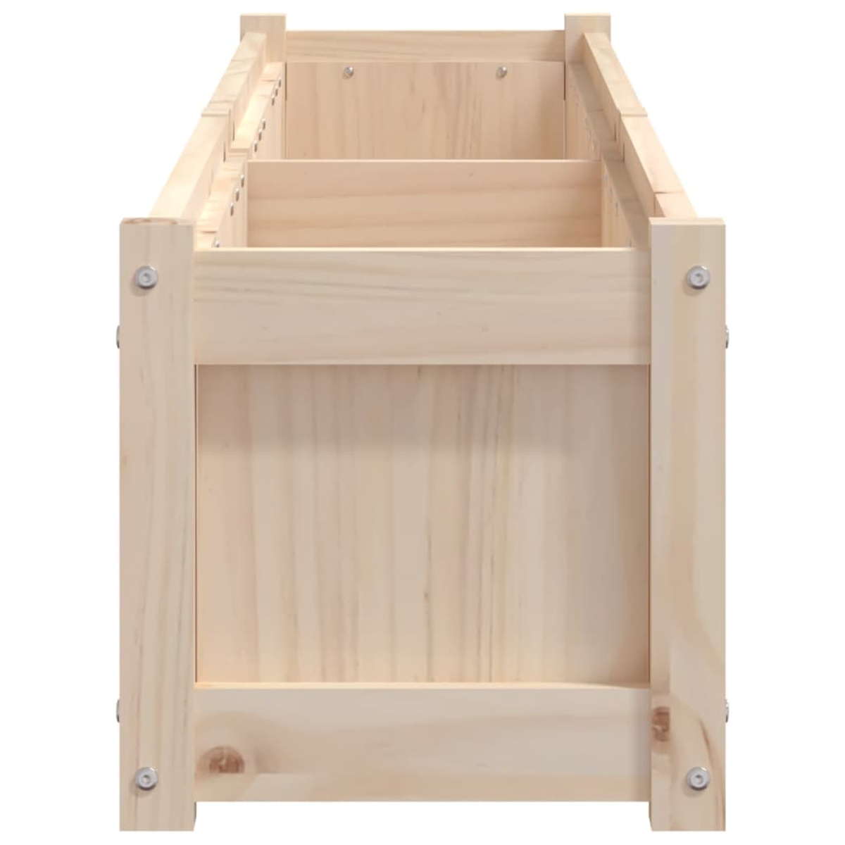 Holzkiste, Seitenansicht, mit horizontalen Holzstützen, vor weißem Hintergrund.