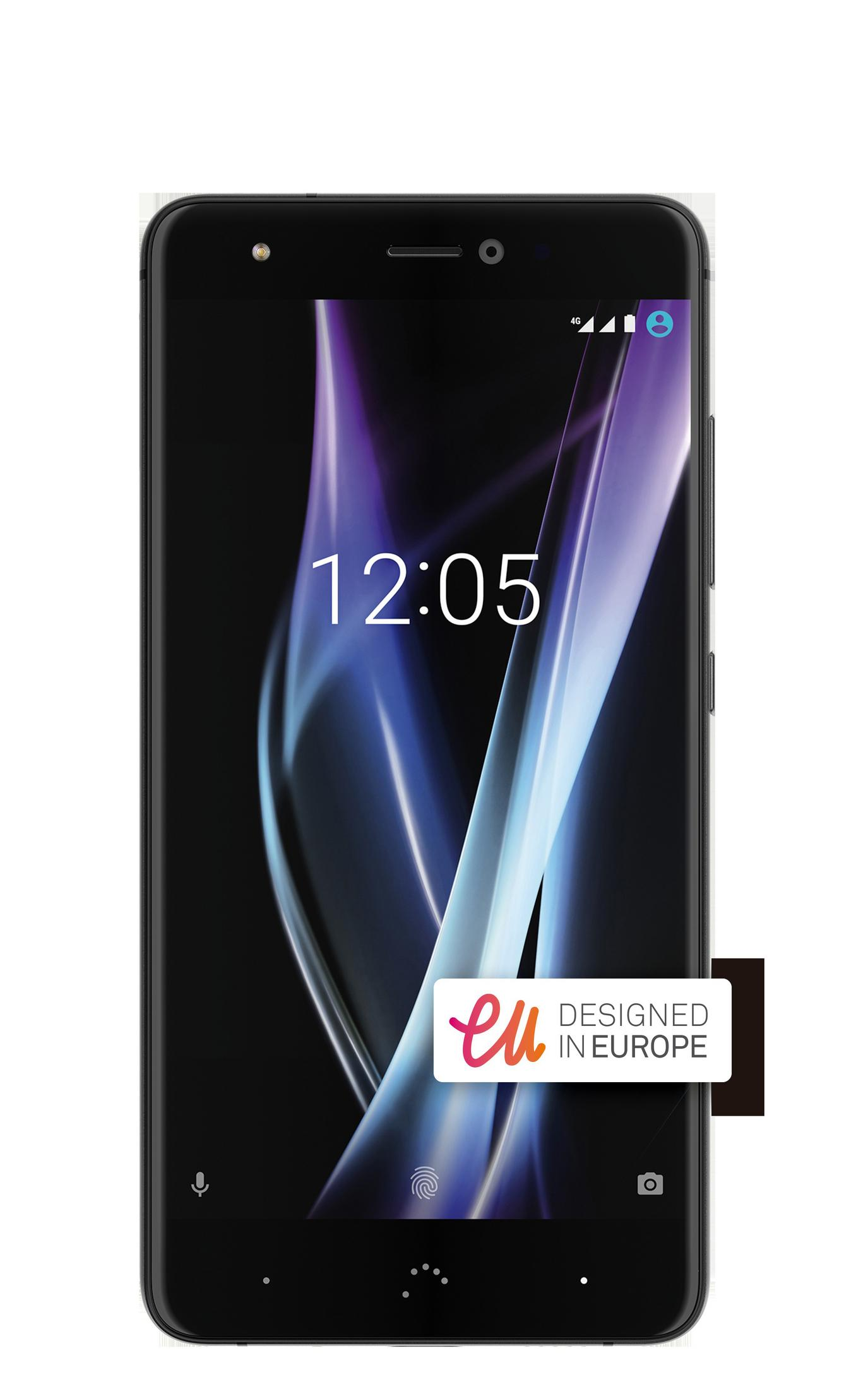 Schwarzes Smartphone mit Zeitanzeige. Das Telefon hat einen Fingerabdrucksensor und ein Logo.