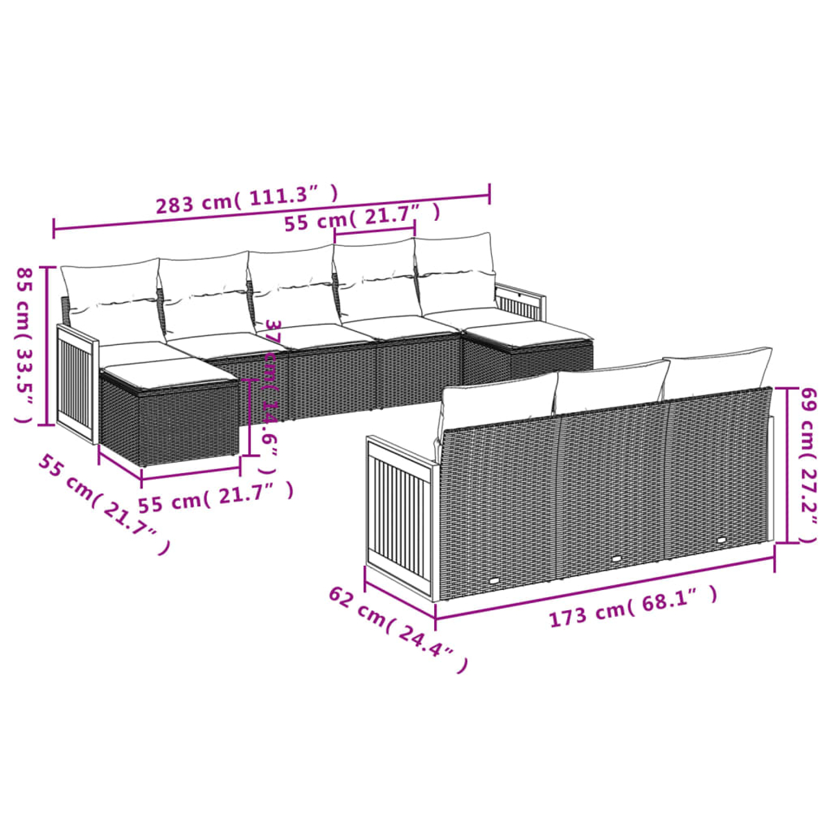 Geflochtenes Outdoor-Möbelset. Enthält ein Sofa, eine Ottomane und Stühle. Abmessungen sind angegeben.
