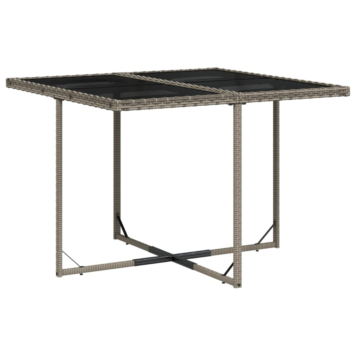 Tavolo quadrato in rattan con piano in vetro. Il tavolo ha quattro gambe e un supporto a croce.