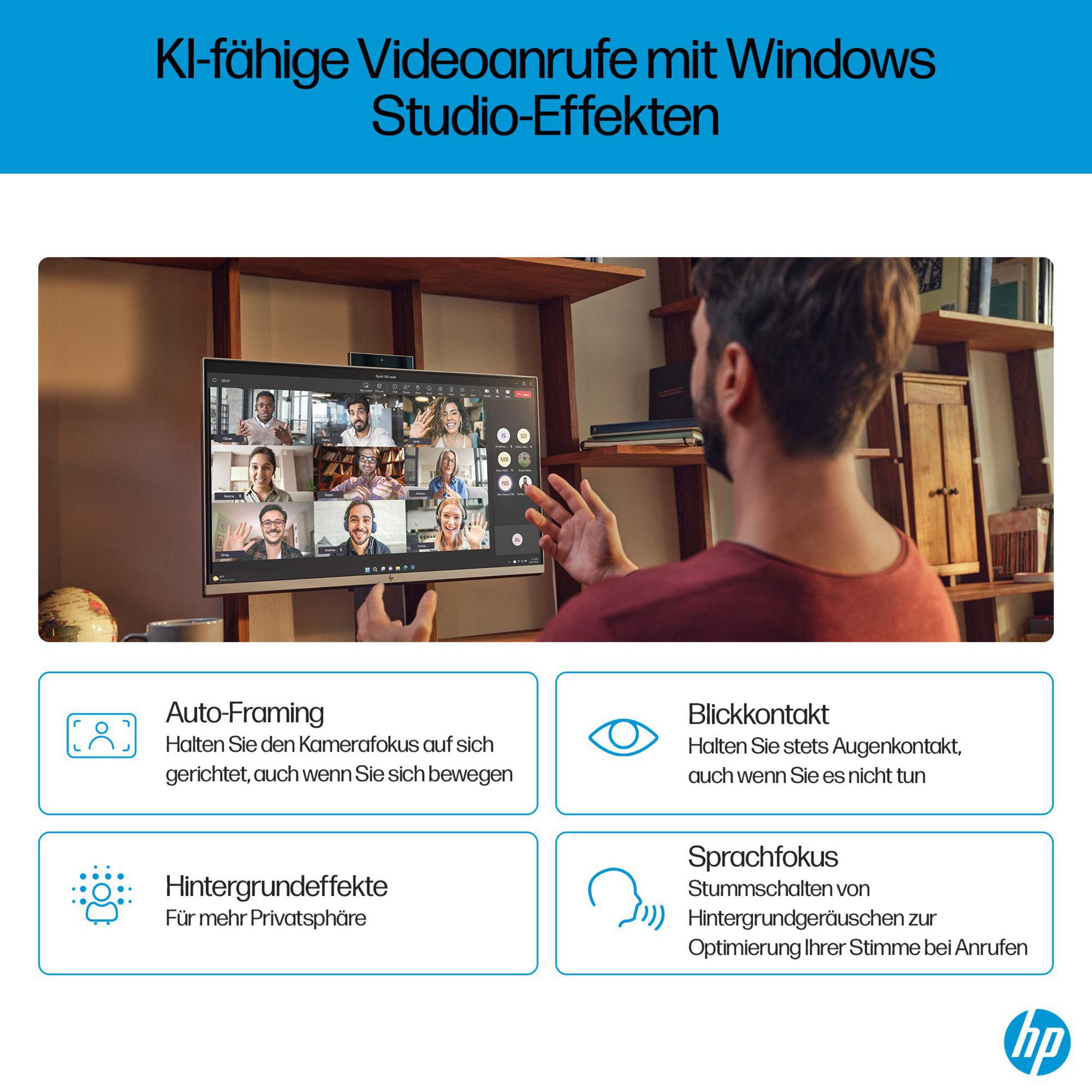 HP All-in-One-Computerbildschirm mit Videoanruf-Oberfläche, Funktionen unten gelistet.