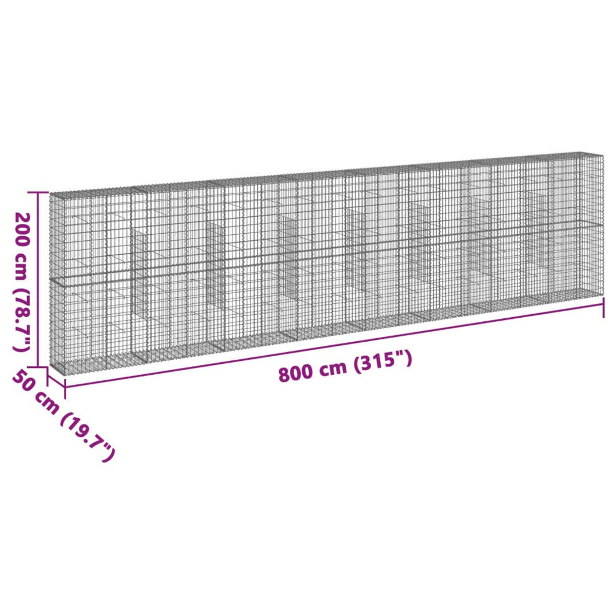 Ein rechteckiger Gabionenkäfig. Abmessungen sind 800x200x50 cm. Er besteht aus Metall und ist leer.