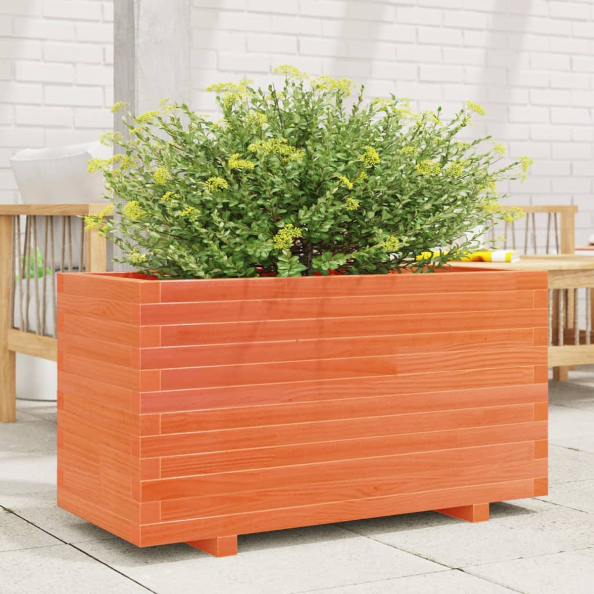Ein Holzpflanzkasten mit orangefarbener Beize. Eine grüne Pflanze mit gelben Blüten ist drin.