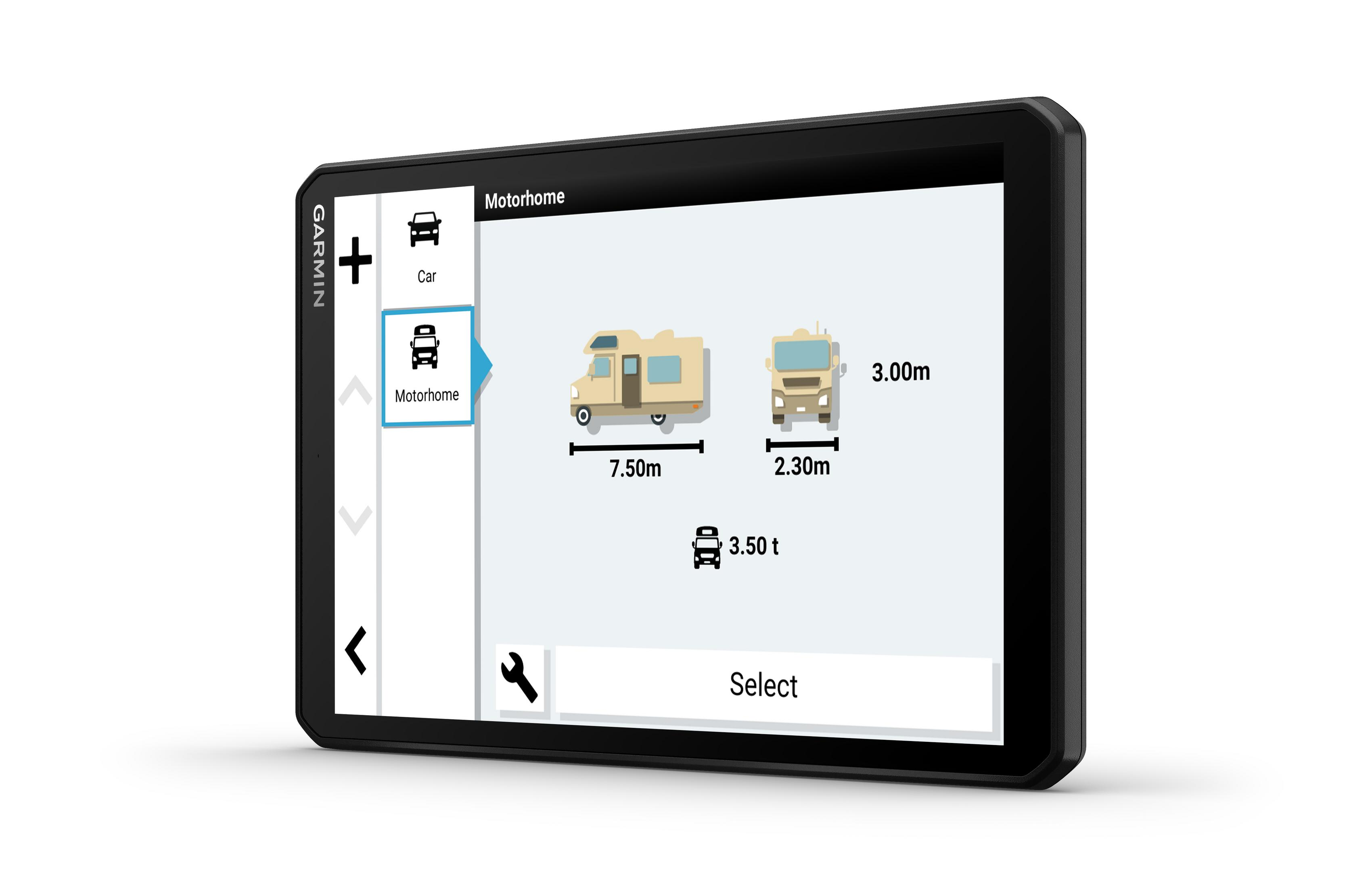 Ein Garmin GPS-Gerät, das einen Fahrzeugauswahlbildschirm für ein Wohnmobil zeigt.