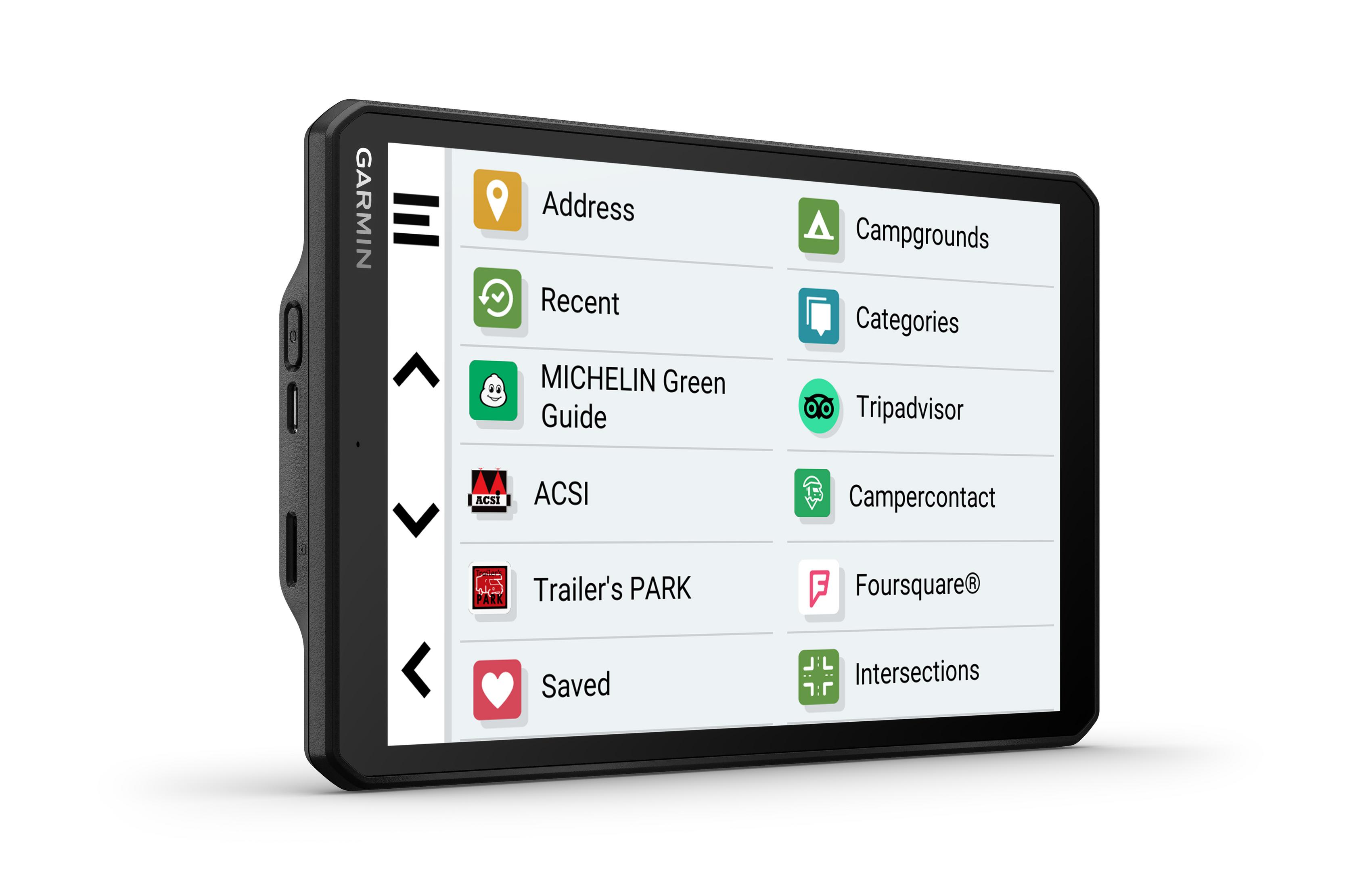 Ein Garmin-Navigationsgerät mit Touchscreen. Symbole für verschiedene Navigationsoptionen sind sichtbar.