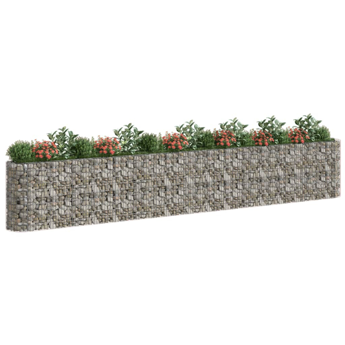 Langer Steinpflanzer mit Pflanzen und Blumen. Graue Stein- und Metallstruktur. Weißer Hintergrund.