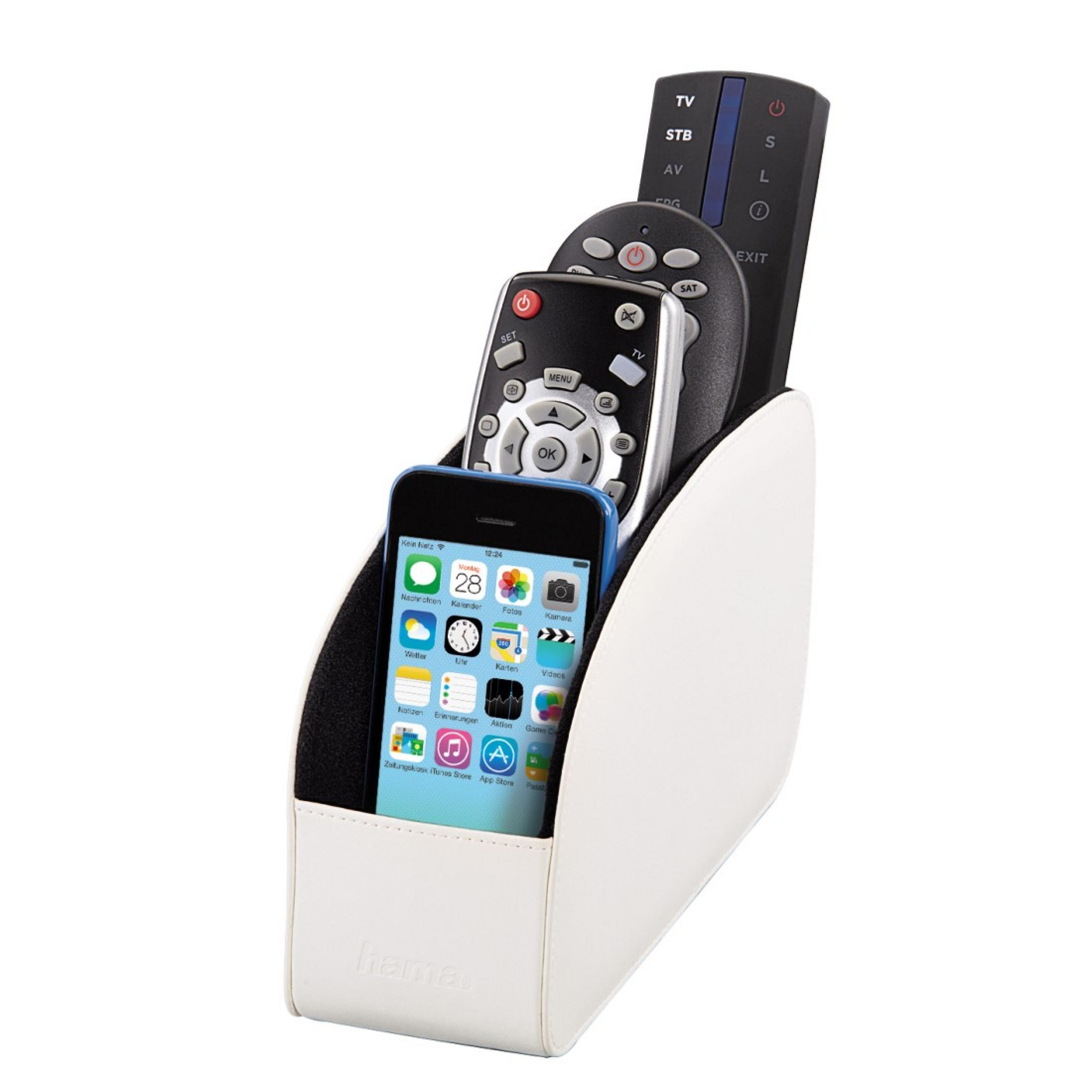 Weißer Halter mit Fernbedienungen und einem Telefon, mit dem Hama-Logo vorne.