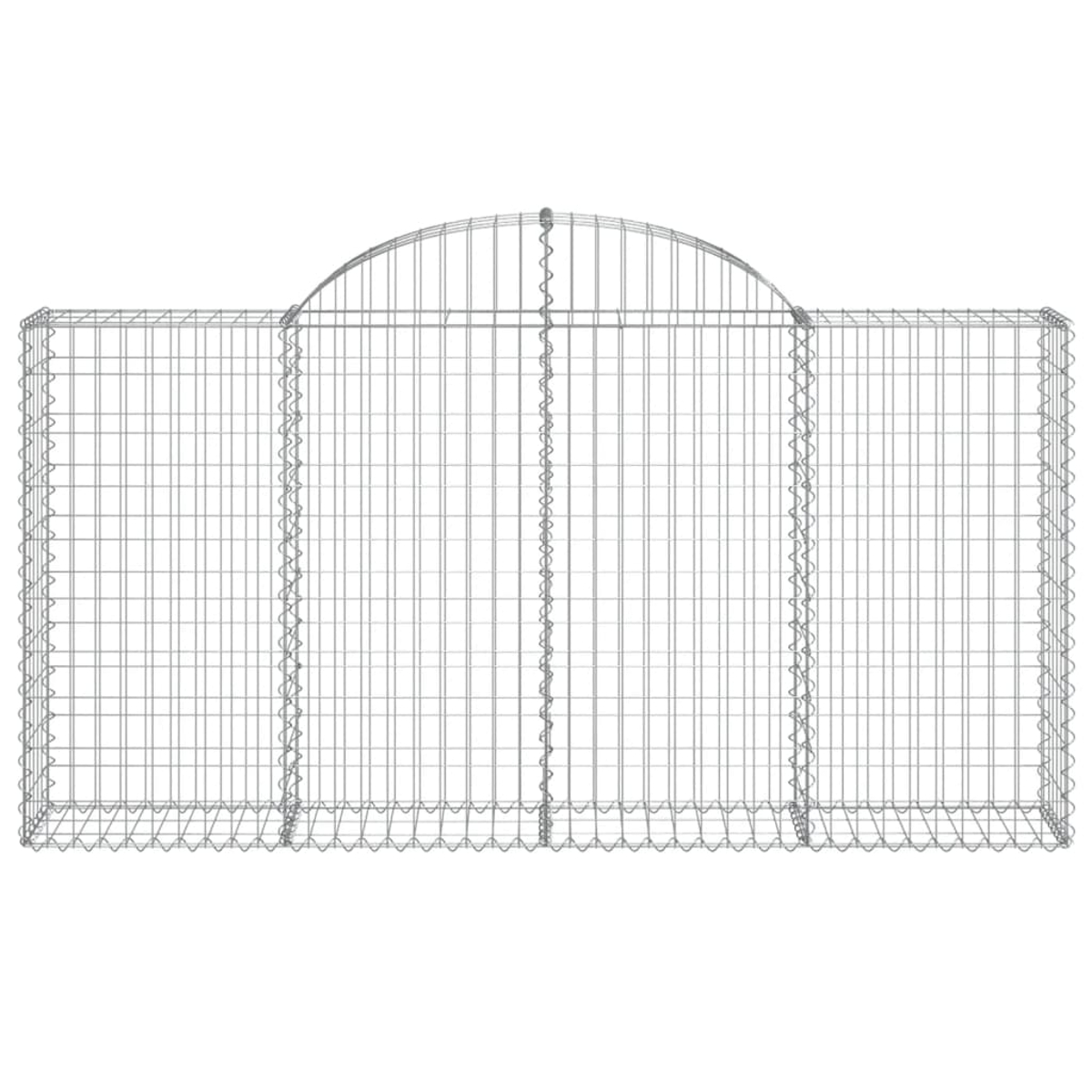 Drahtgitter-Gabion mit Abmessungen. Es ist ein Gartenmerkmal im Freien. Es ist rechteckig mit gewölbtem Oberteil.