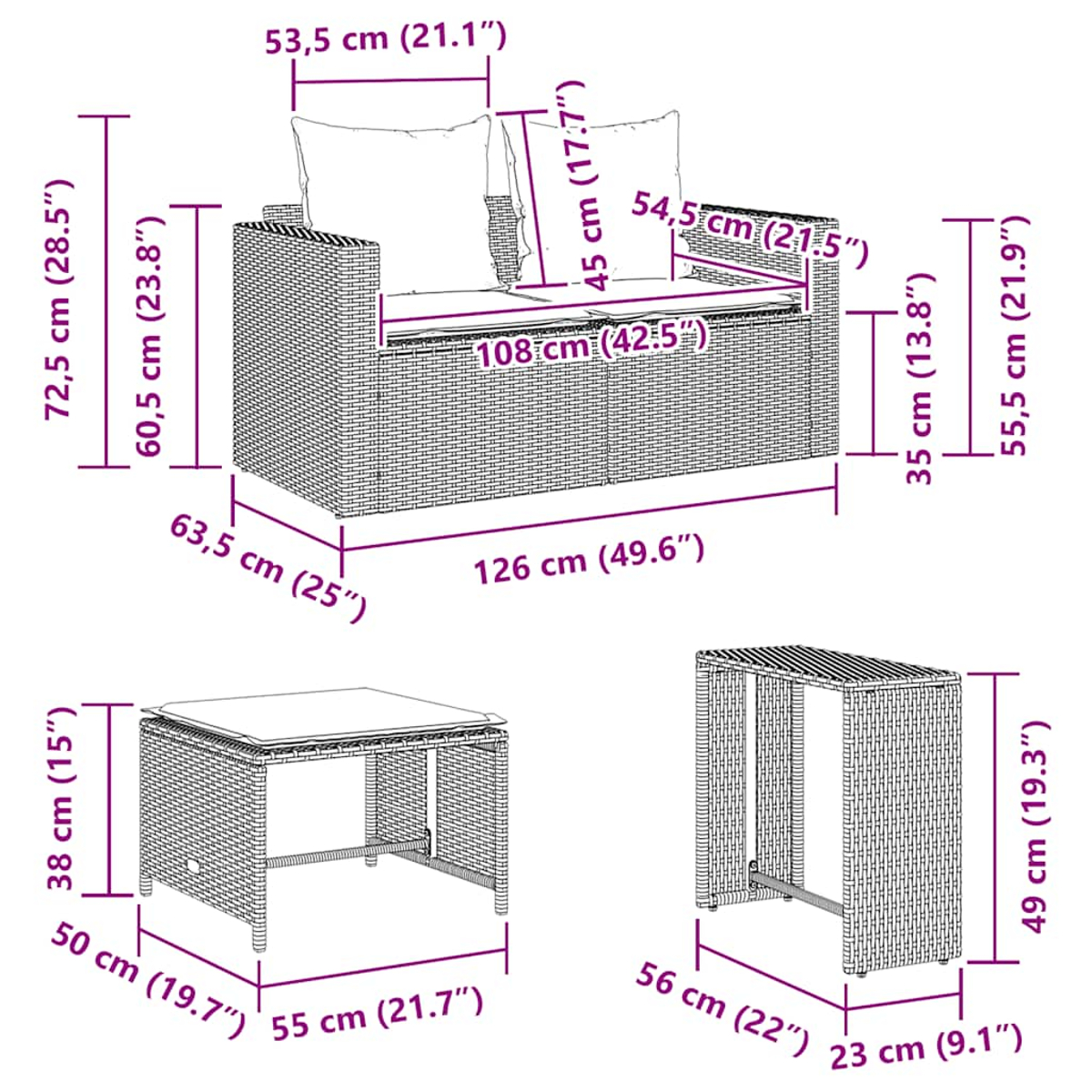 Rattan-Sofa-Set für den Außenbereich mit Abmessungen. Enthält ein Sofa, einen Couchtisch und einen Beistelltisch.