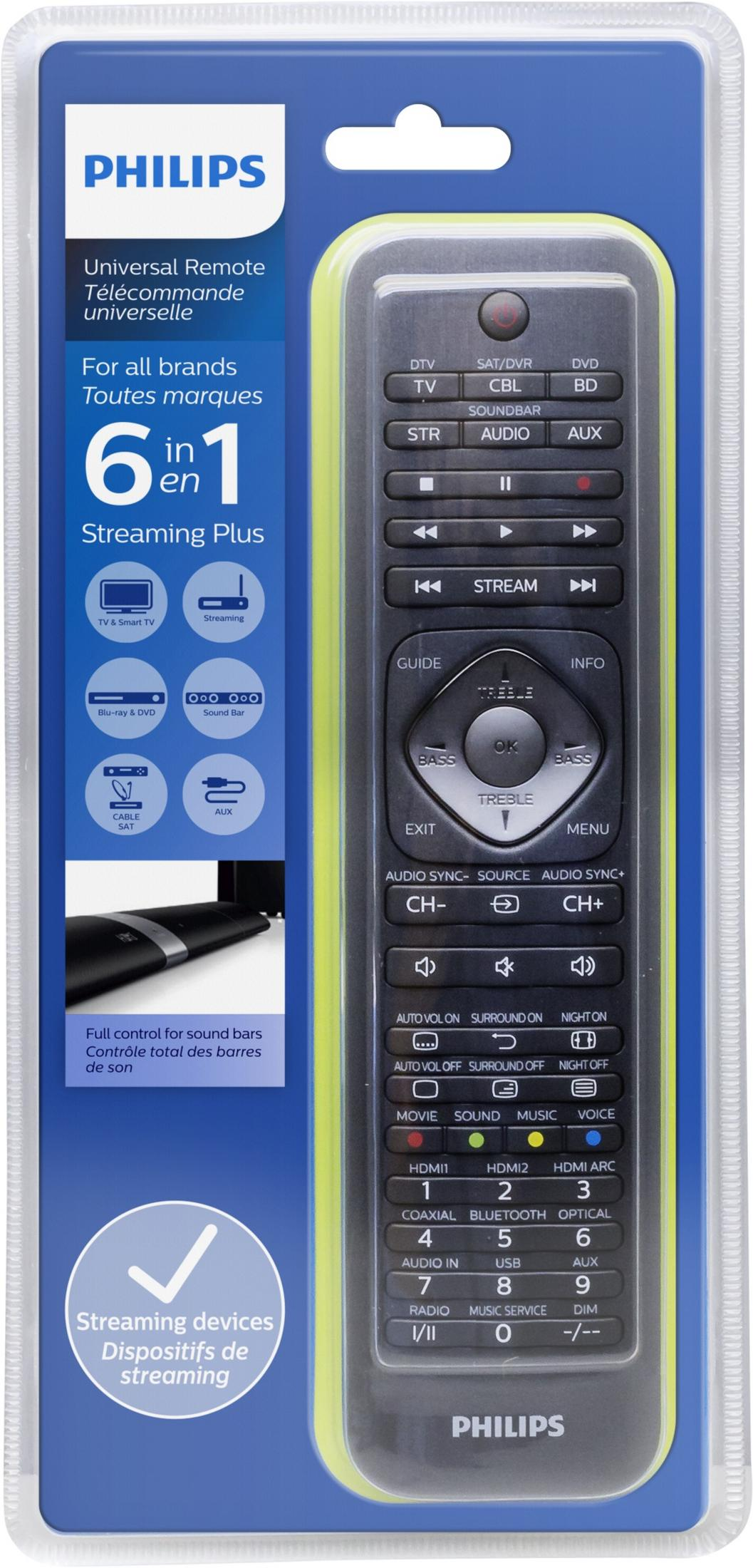 Mando a distancia universal Philips, negro, plateado y verde, en embalaje.