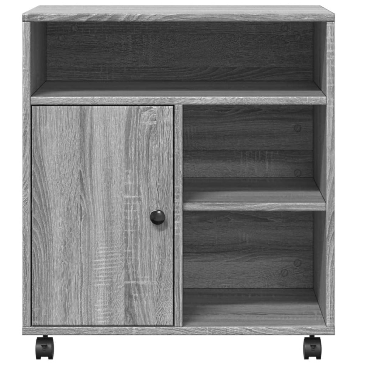 Grauer Holzschrank mit Tür und Regalen. Mit Türgriff und Rollen.