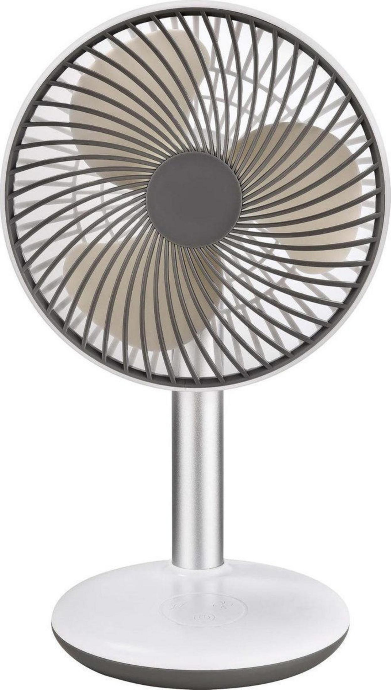 Weiß-grauer Ventilator mit rundem Fuß. Der Ventilator hat gebogene Flügel und steht auf silbernem Ständer.