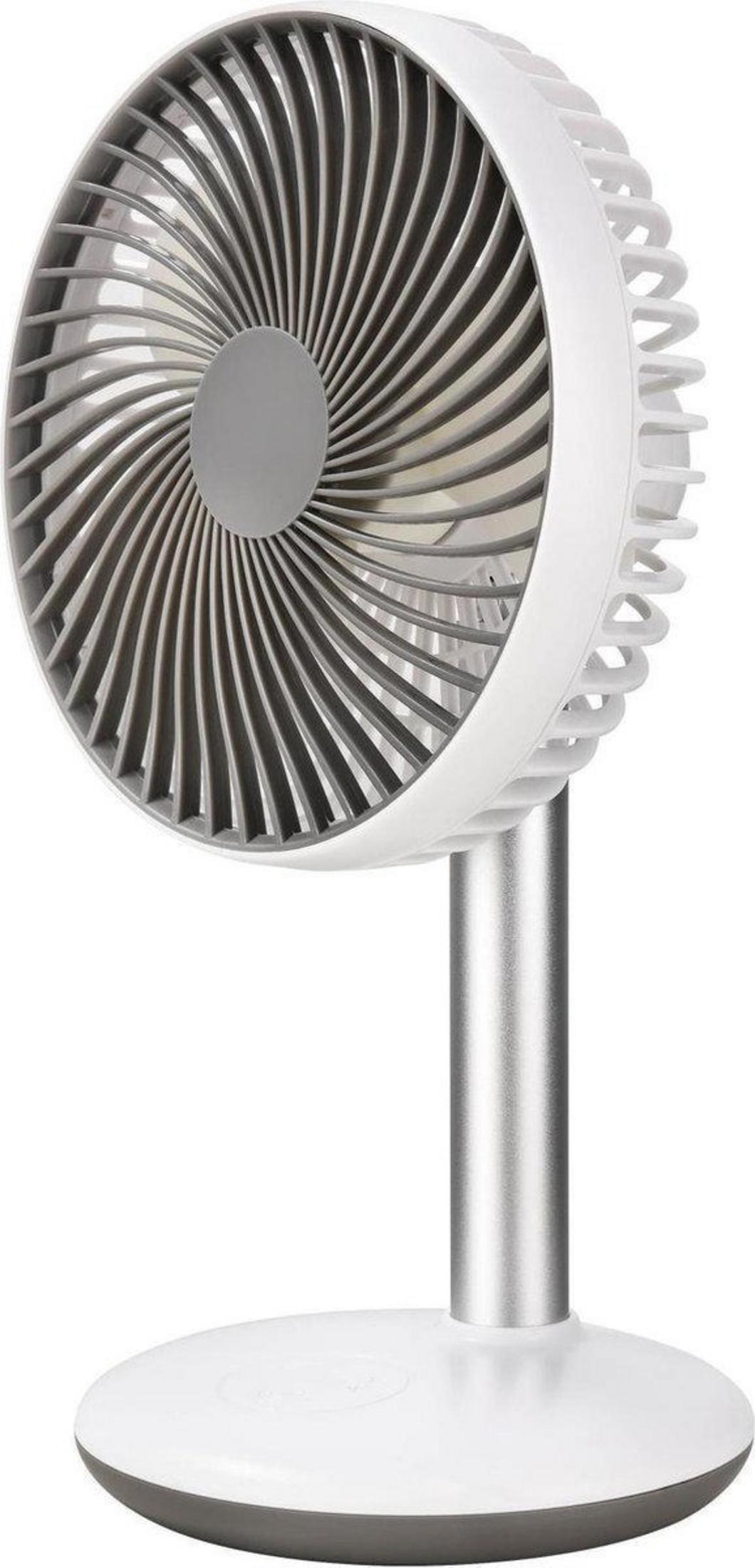 Weißer und silberner Tischventilator, runder Sockel und Kopf, silberner Stiel.
