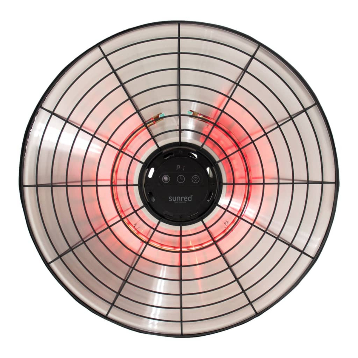 Ronde Sunred heater met rode gloed binnenin, omgeven door een metalen kooi.