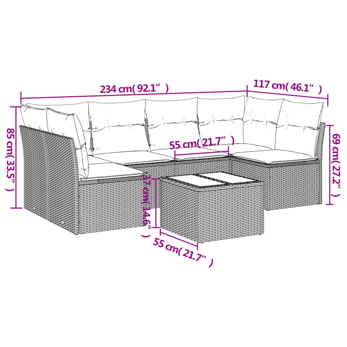 L-förmiges Korbmöbel-Sofa und Tisch mit Maßen. Weißer Hintergrund.