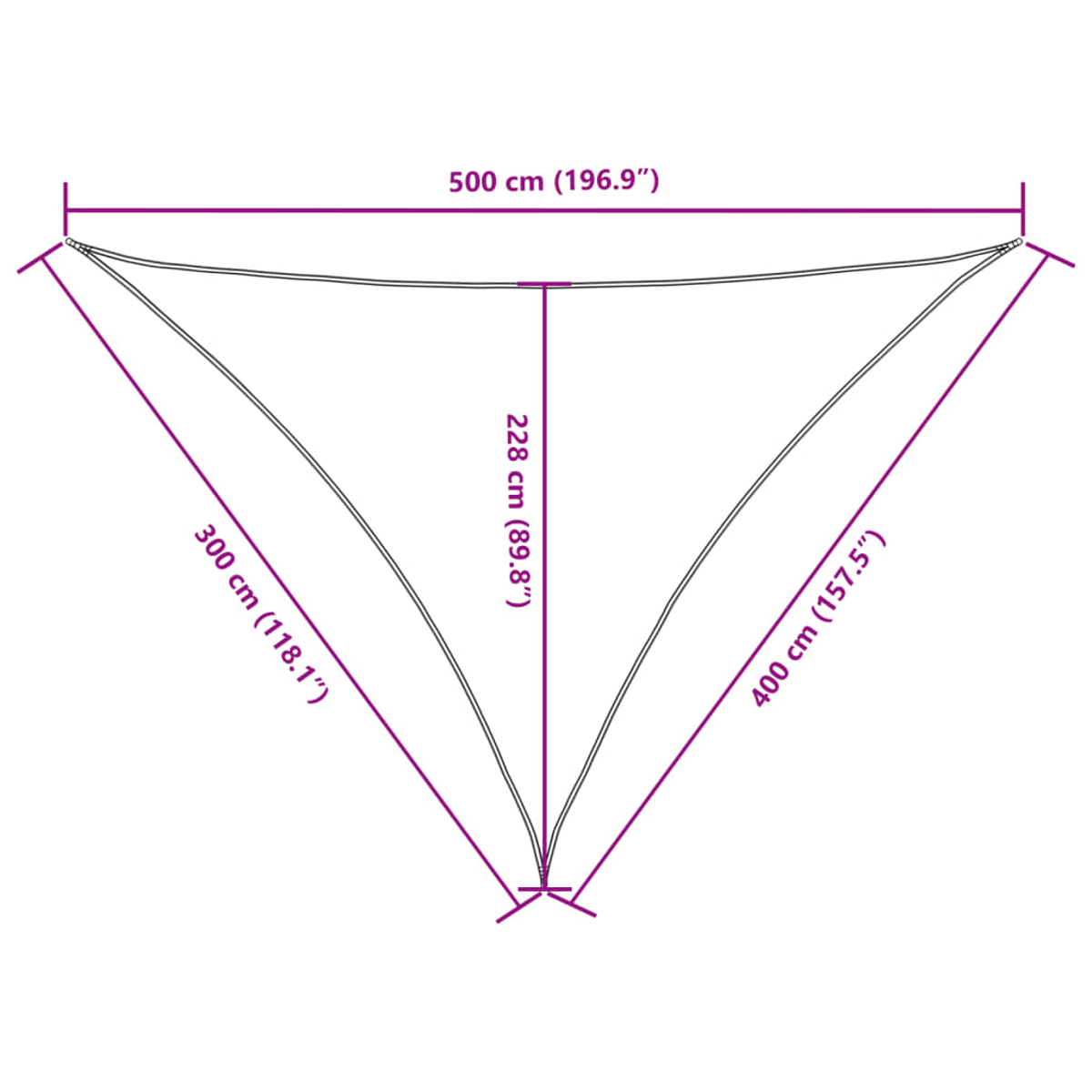Ein dreieckiger Sonnenschirm mit beschrifteten Abmessungen. Die Oberseite ist 500 cm, eine Seite 300 cm und die andere 400 cm.