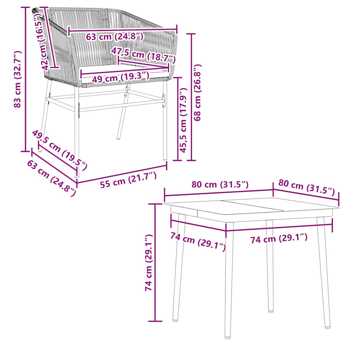 Diagramm mit Abmessungen eines Stuhls und eines Tisches. Maße in cm und Zoll.