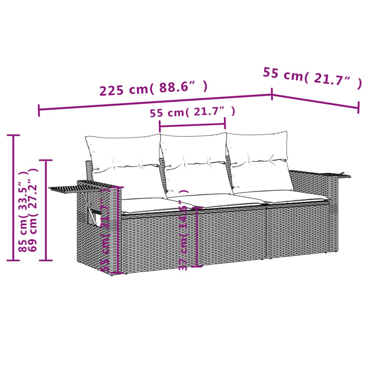 Sofá de tres plazas con dimensiones: 225cm largo, 85cm alto, 55cm profundo.