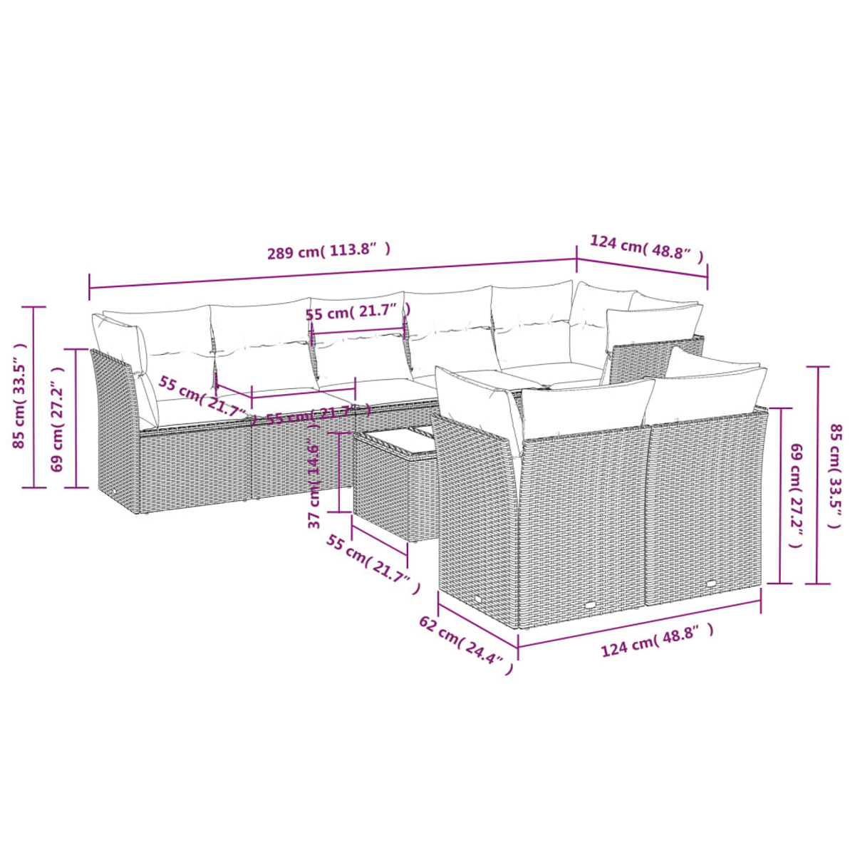 Set divano in vimini con dimensioni. Include un divano, due poltrone e un tavolino.