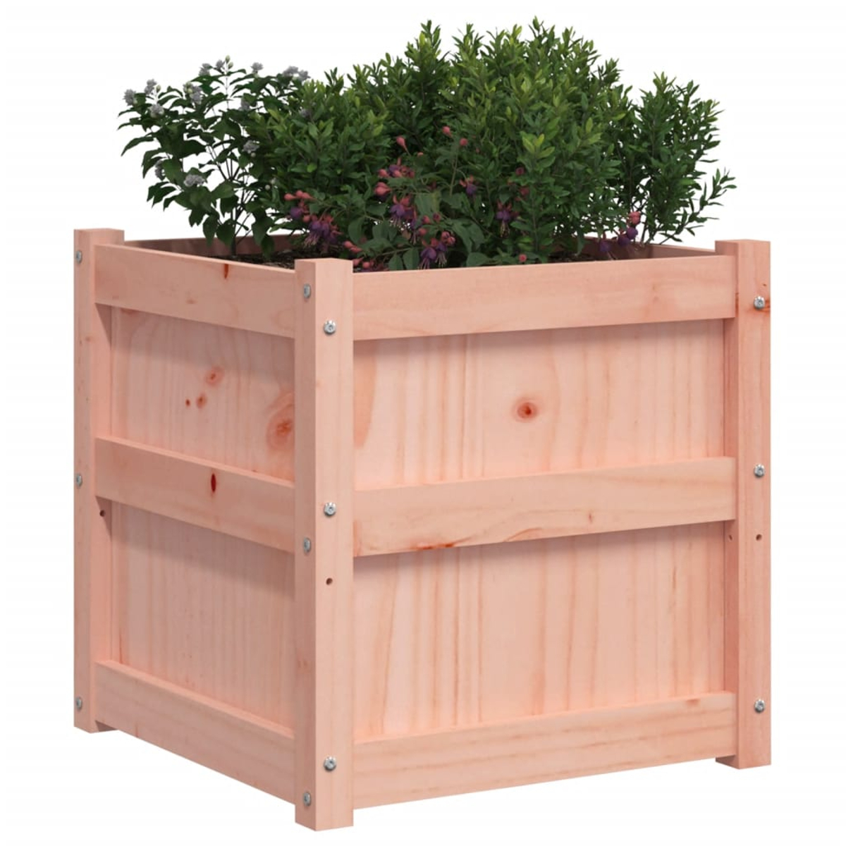 Ein hölzerner Pflanzkübel gefüllt mit Pflanzen. Das Holz hat einen hellrosa Farbton.